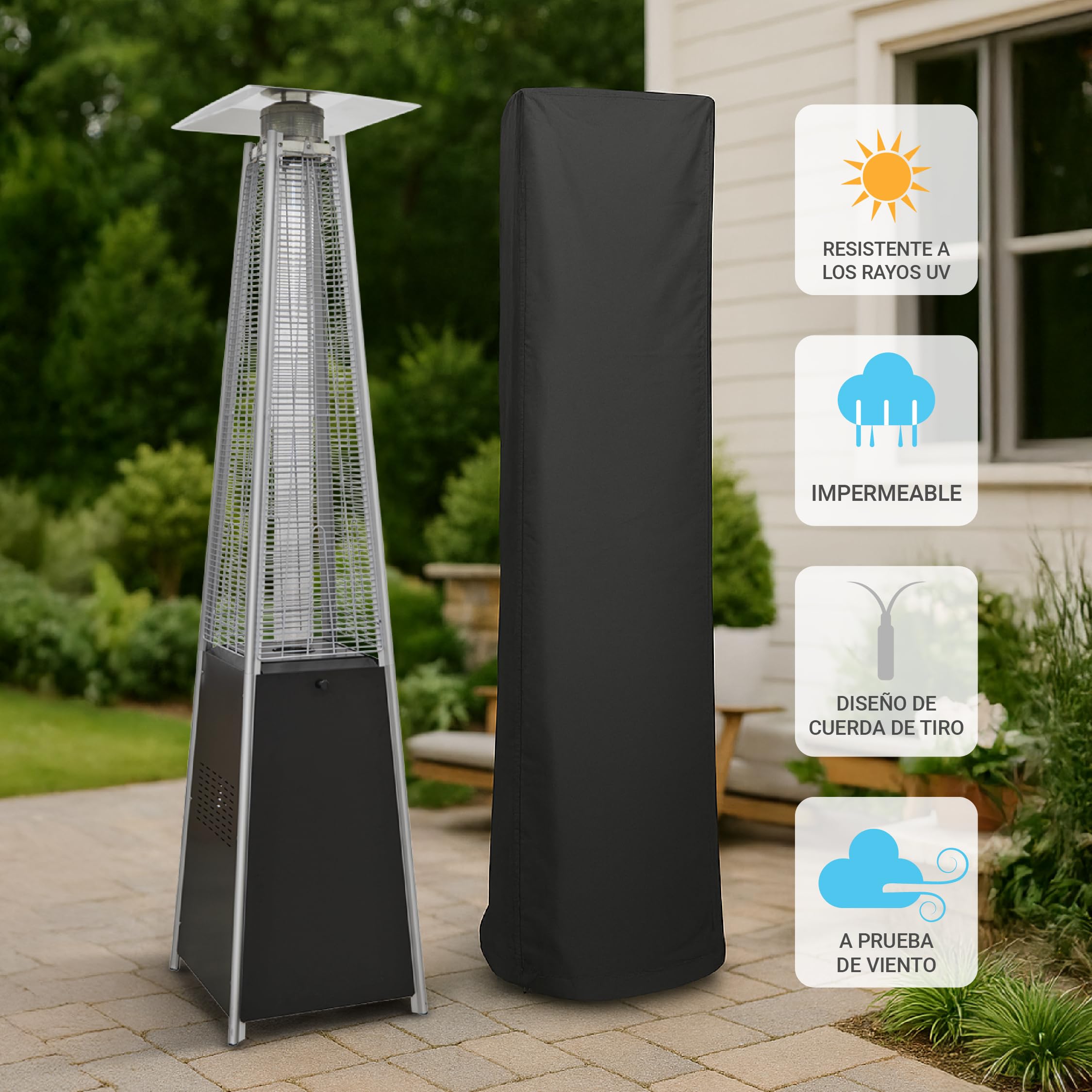 BU-KO Calentador Patio a Gas para Exterior | Jardín, Terraza, Barbacoa | Estufa Piramidal al Propano - 13kw | Ruedas, Regulador y Manguera | Chimenea Acero Inoxidable para LPG & Cubierta Impermeable