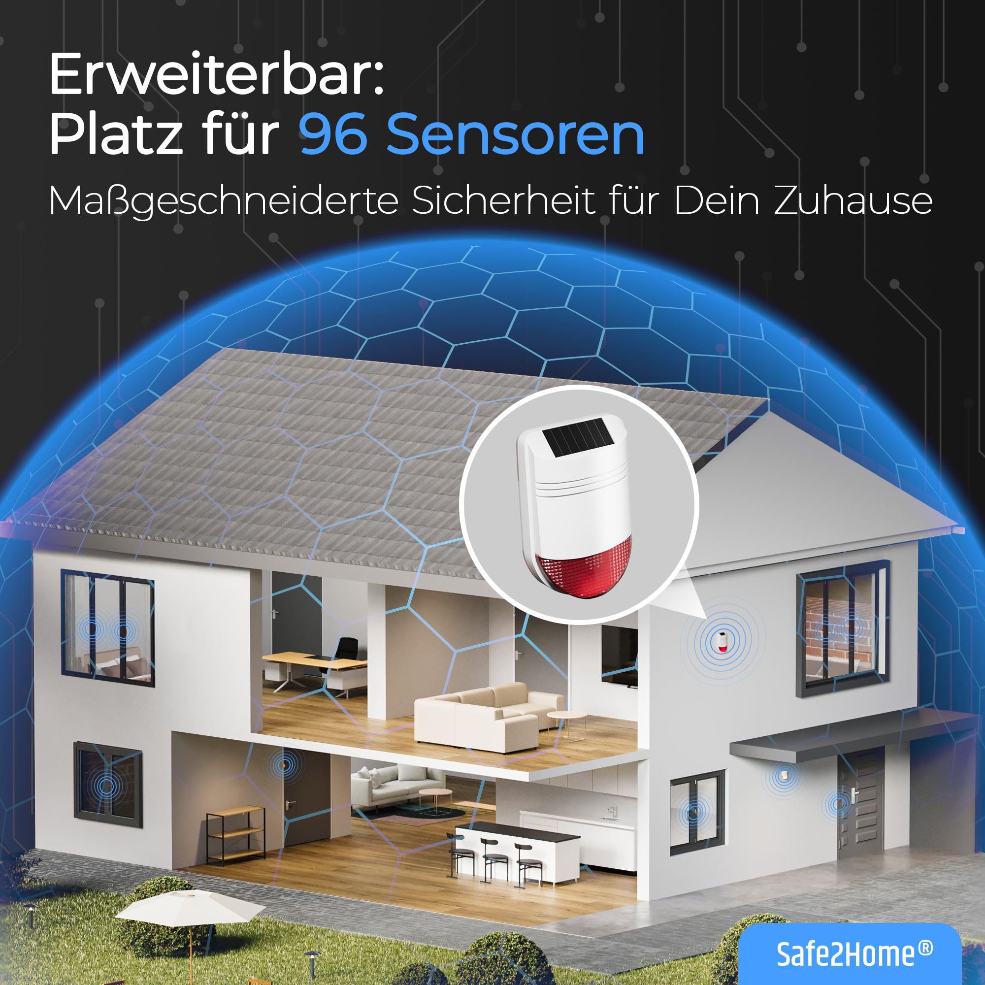 Safe2Home Funk Alarmanlage Großes Set SP110 Sabotageschutz Solar Sirene - deutsch - Alarmsystem SMS Alarmierung - Alarmanlagen fürs Haus Büro