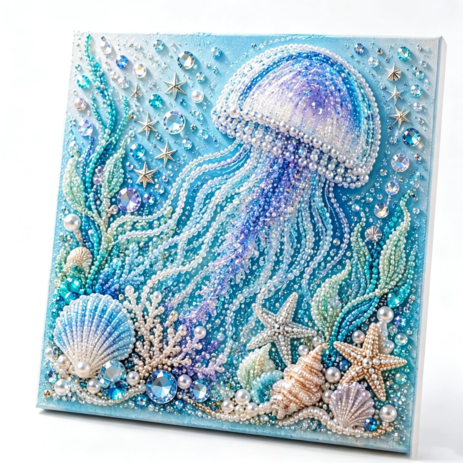 Ocean Theme Pearl Art DIY Kit, Blue Ringed Octopus 3D Diamond Painting Crafts for Adults, Diamond Pearl Painting Kit Wall Art, DIY Pearl Mosaic Craft Set for Beginner, Coastal Home Decor (Jellyfish)