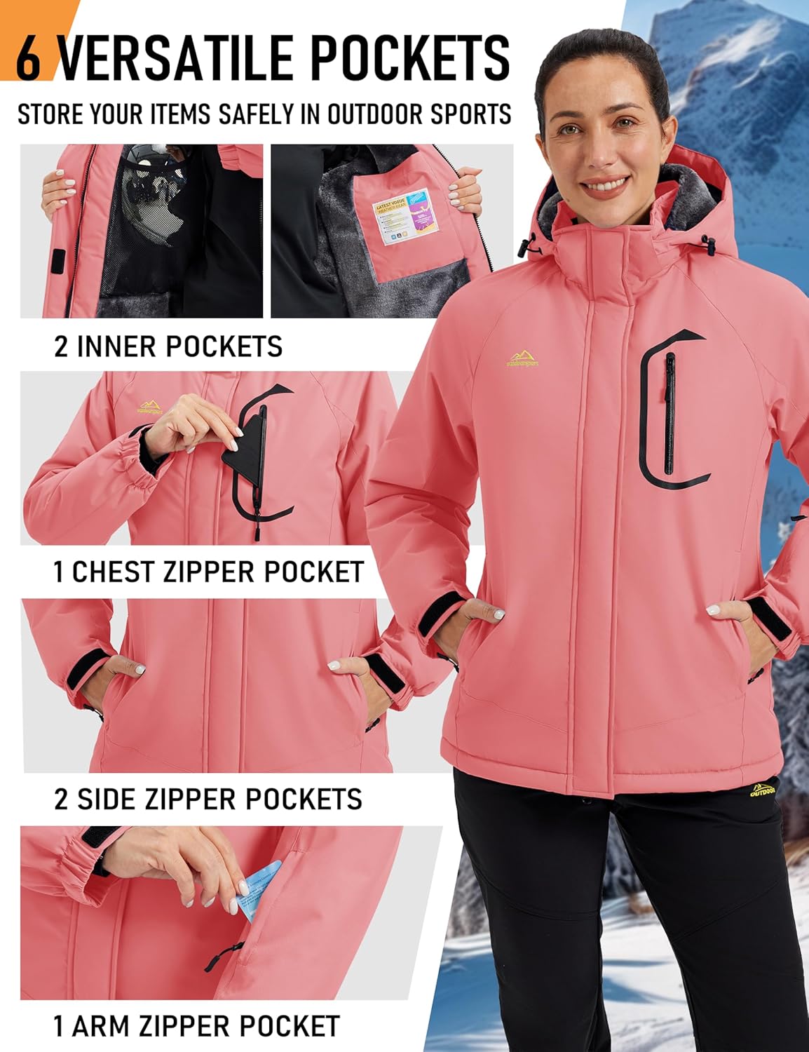 MAGCOMSEN Women's Ski Jacket Waterproof Insulated Warm Winter Coat Thermal Windproof Snow Jacket Fleece Lined Raincoat - Image 7