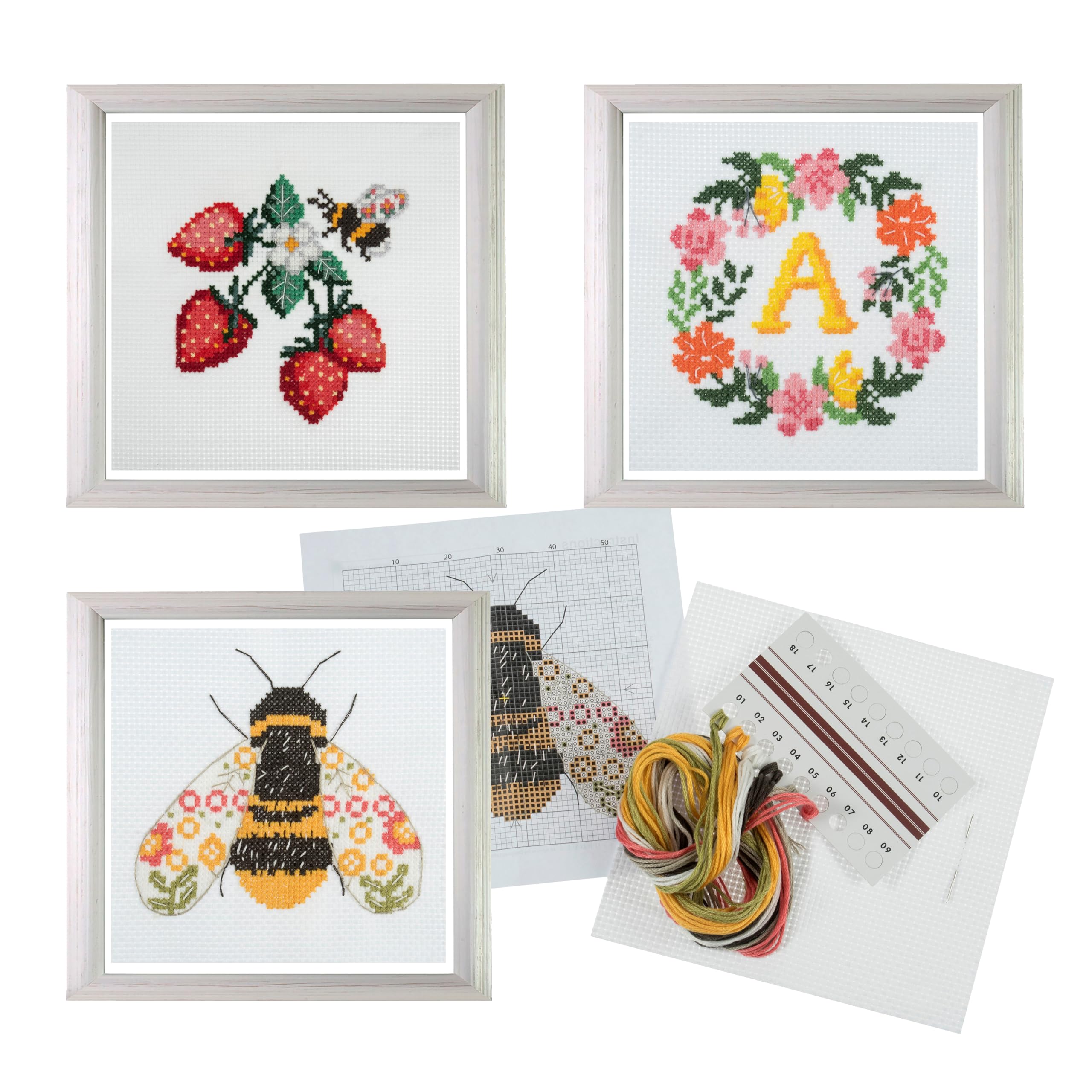 Trimits 3PK Cross Stitch Kits for Adults Beginners - Pre Printed Cross Stitch Kit, Beginners Embroidery Kit for Adults & Kids, Complete Embroidery Starter Set - 13x13cm, Strawberries/Bee/Floral Reef