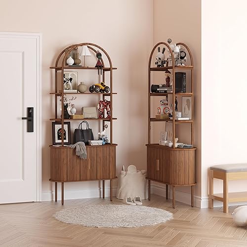 Miniatura 8 de Estantería arqueada acanalada de 71 pulgadas de alto con puertas correderas de tambor, gabinete curvo de metal moderno de mediados de siglo con