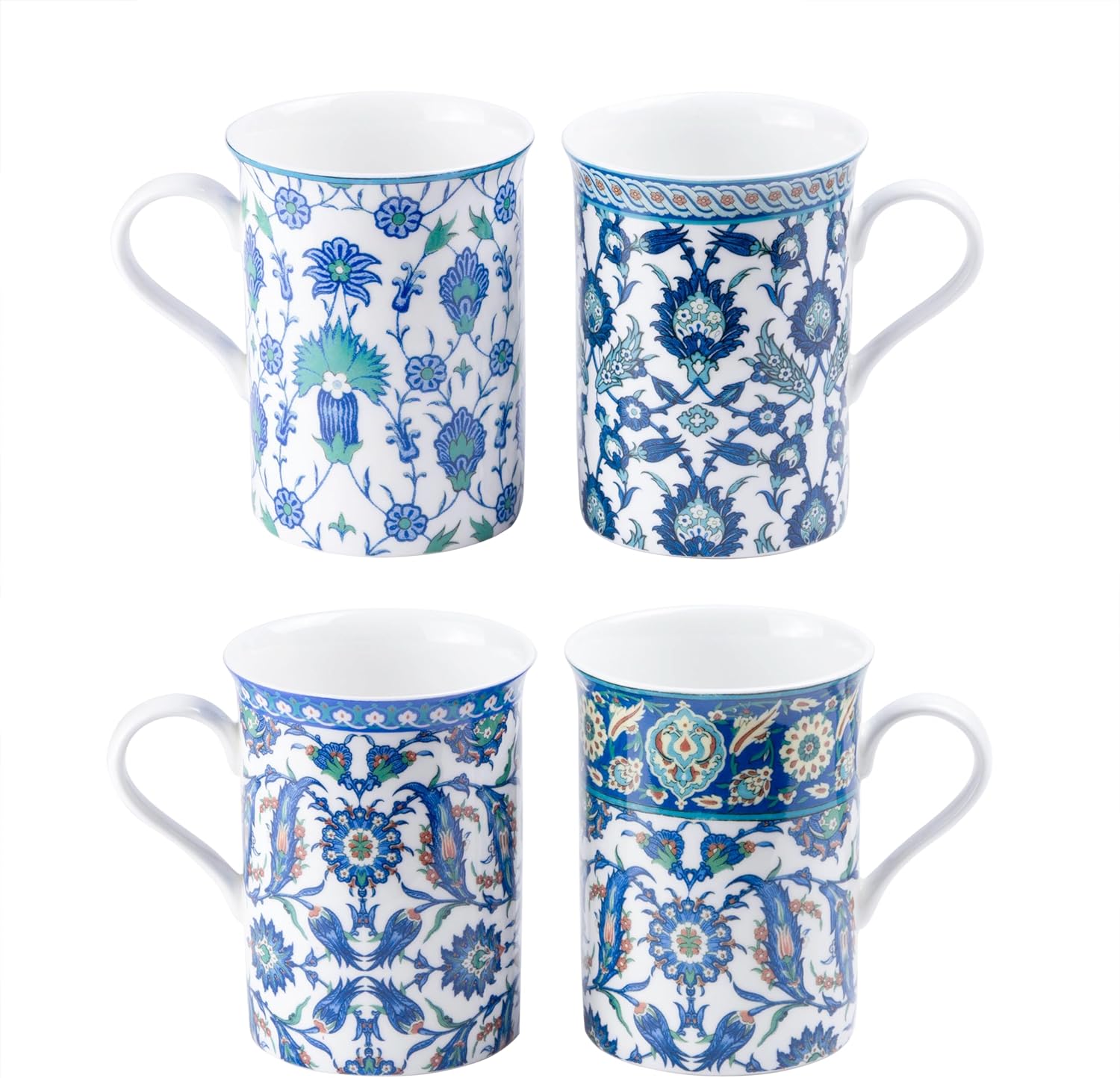 Grace Teaware Bone China Coffee Tea Mugs 9-Ounce, Set of 4 Assorted (Blue Mediterranean)