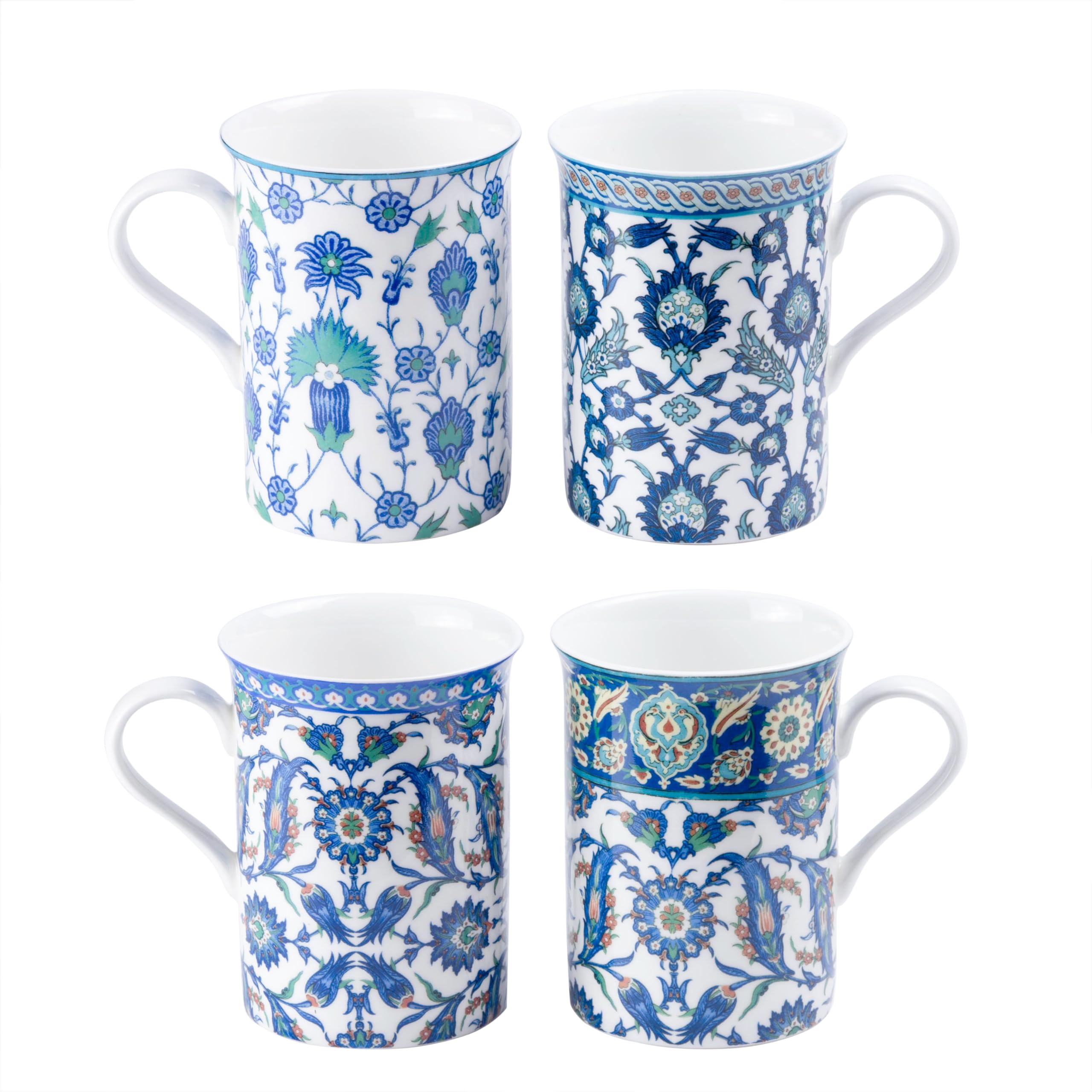 Grace Teaware Bone China Coffee Tea Mugs 9-Ounce, Set of 4 Assorted (Blue Mediterranean)