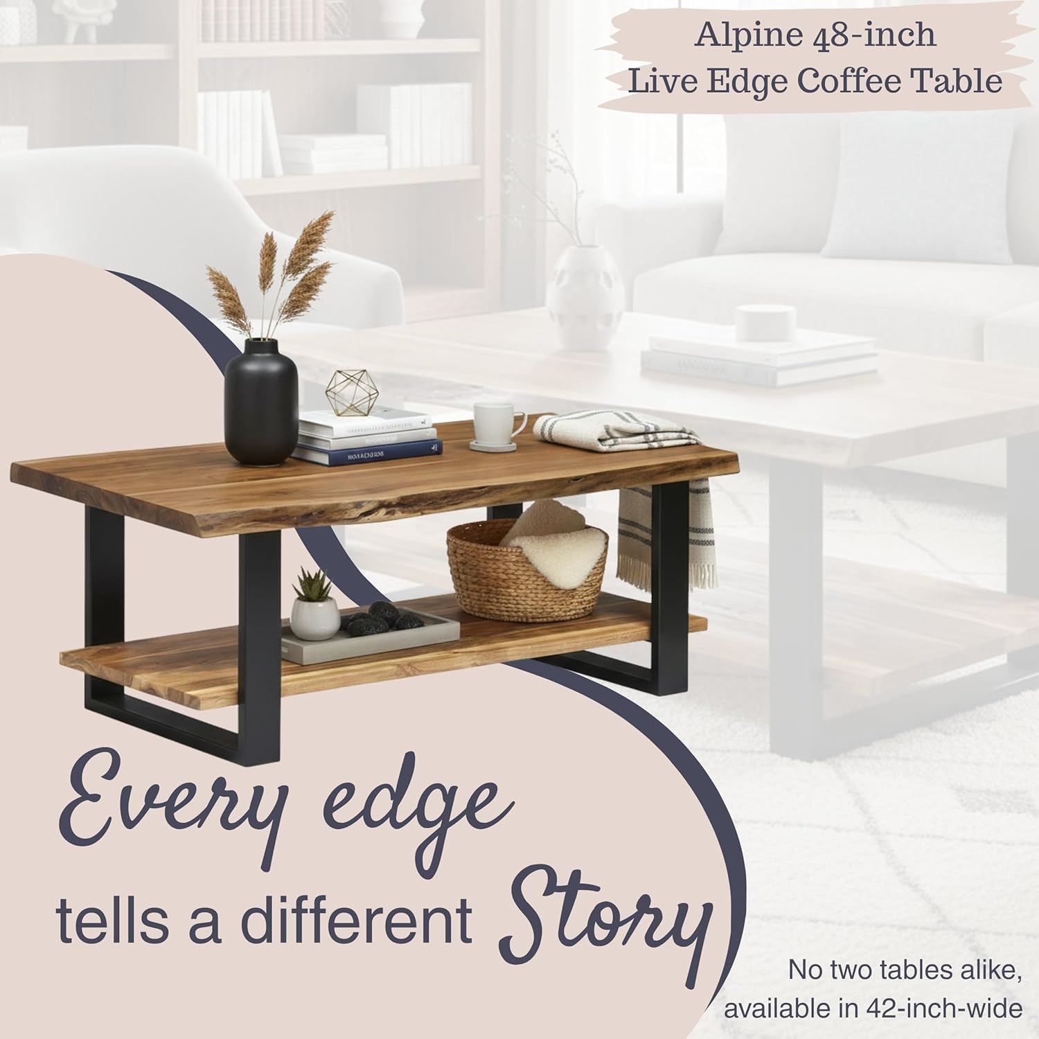 Alaterre Furniture Alpine 2-Tier Live Edge Coffee Table – 48" Solid Acacia Wood with Natural Finish, Lower Shelf Storage and Metal Frame – Modern Farmhouse Style for Living Room or Home Office