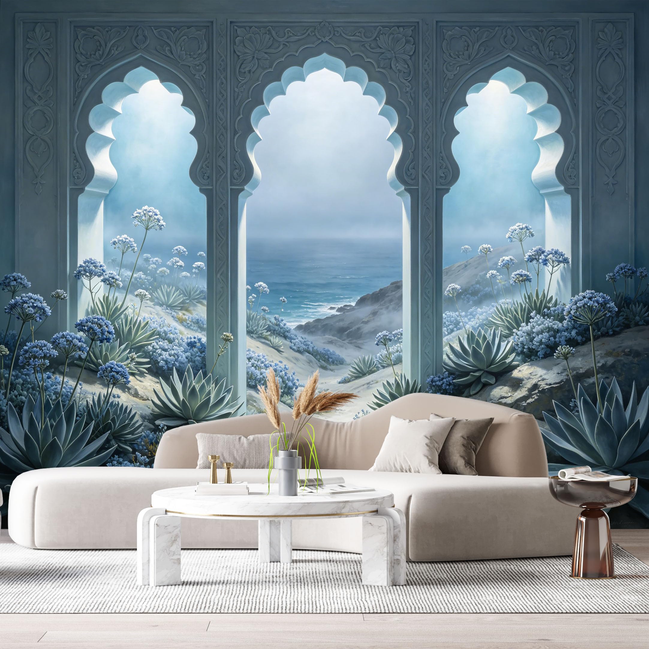 Custom Size Wall Murals Coastal Landscape Archway Agave Blue Flowers 3D Trompe L'Oeil SelfAdhesiveWall Fabric Removable Wallpaper Wall Decor for Living Room Bedroom Bathroom