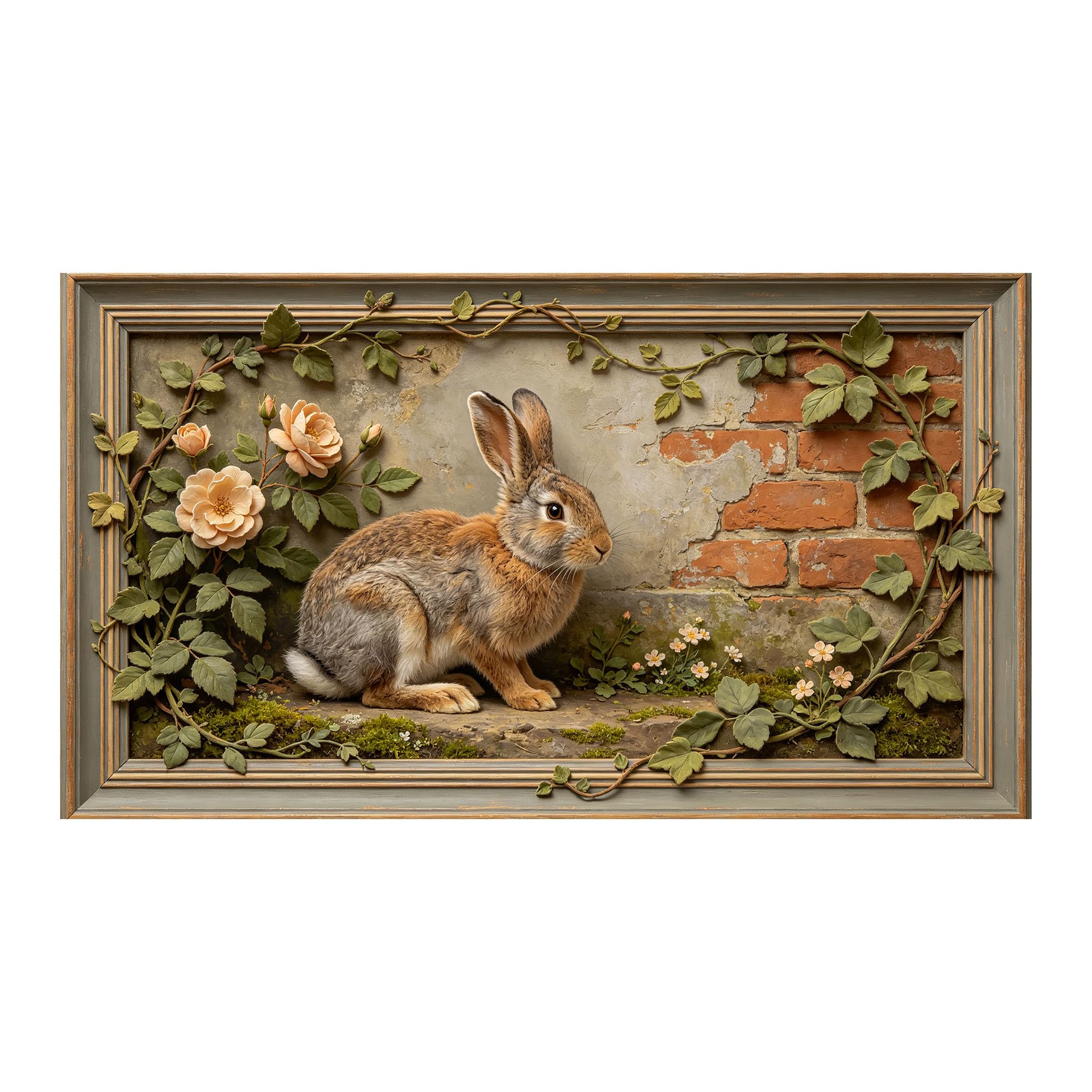 Yzpallescene 3D 3D Framed Wall Art 50cm×90cm Rustic Rabbit Floral Botanical Oil Painting Large Size SelfAdhesive Removable Wall Decor Prints Artwork for Living Room Bedroom Office