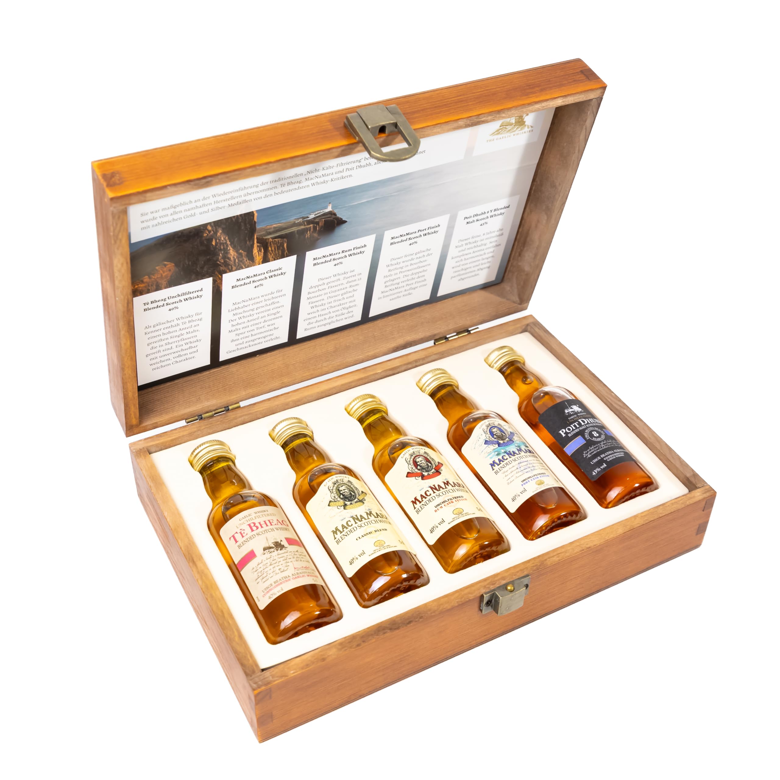 The Wine Guys Pràban na Linne Whisky Probier- & Geschenkset – 5 x 50 ml Miniaturen in Holzkiste, Té Bheag, MacNaMara, Rum Finish, Port Finish, Poit Dhubh 8