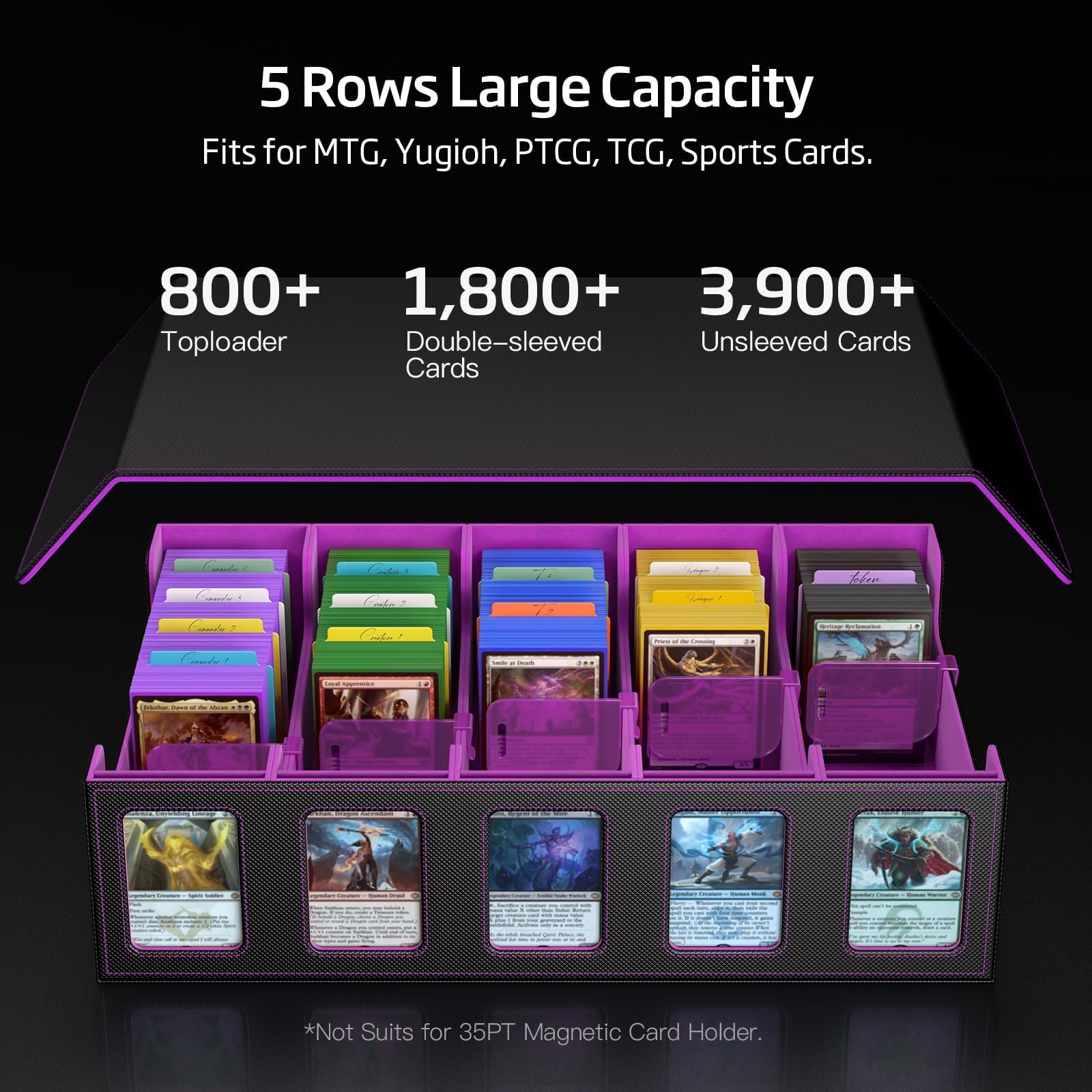 Boîte rangement cartes MTG avec vitrine Commander, 3900+ cartes, deck box 5 compartiments avec couvercle amovible, organiseur TCG PTCG cartes sport, compatible Toploader, 50 séparateurs (Violet)