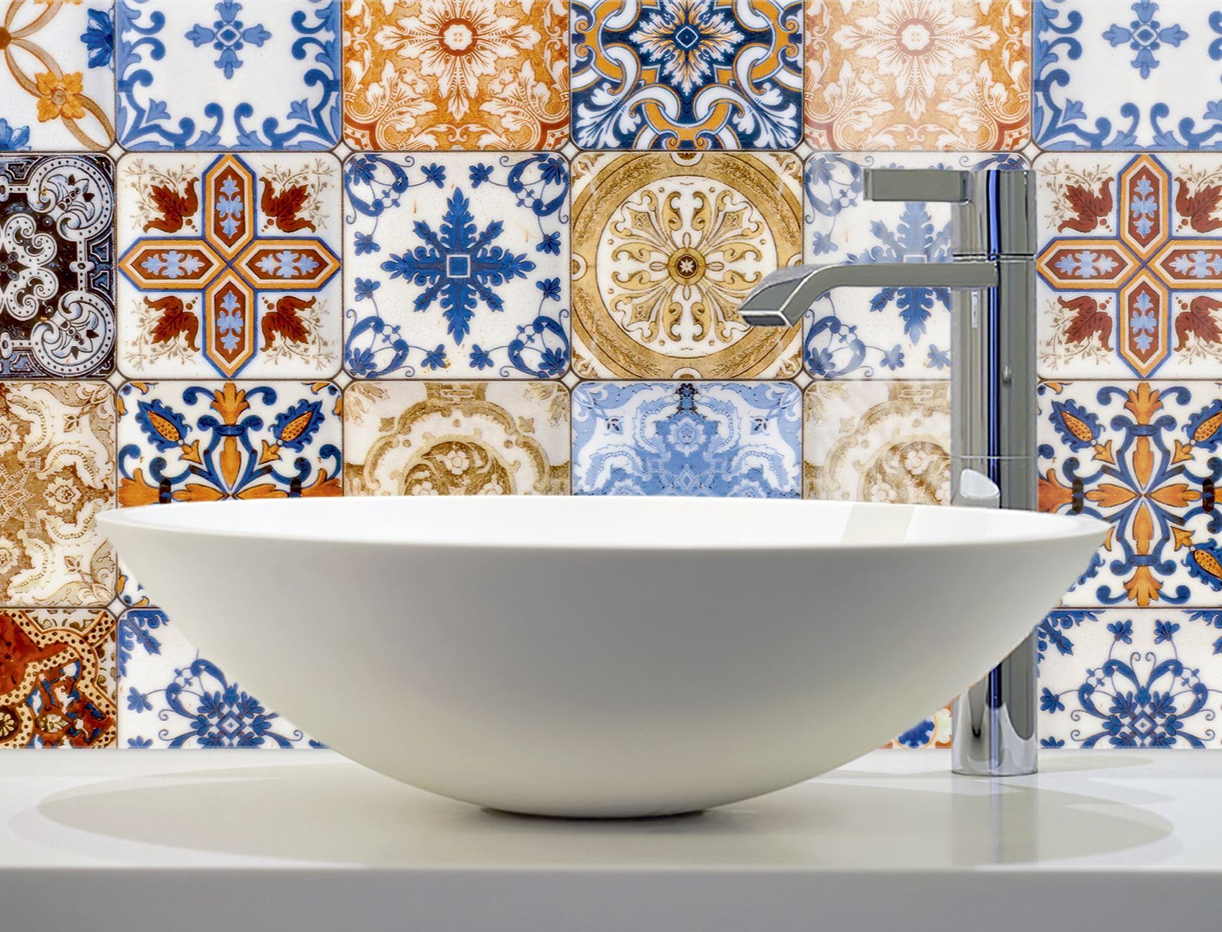 timalo Waschbecken und Badewannenrückwand 120 x 60 cm - aus Acrylglas | Azulejo Muster – mediterrane Fliesen | Wandpaneele Bad Badrückwand Platte Badewanne Rückwand Badezimmer Glasoptik