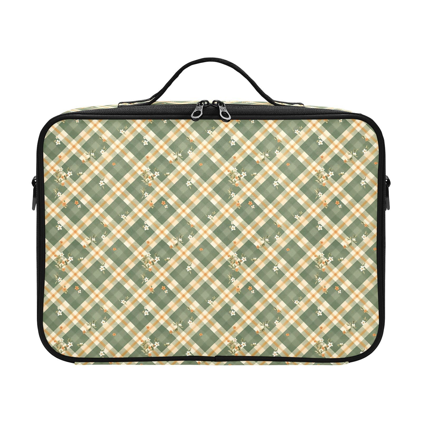 junzan Gingham Large Makeup Organizer Bag Travel Makeup Train Case Flat Make Up Artist Case with Dividers and Adjustable Strap