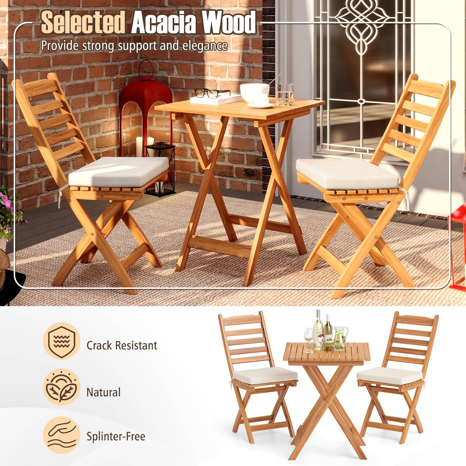 KOMFOTTEU Salon de Jardin en Bois d'Acacia 3 Pièces Pliable pour Balcon