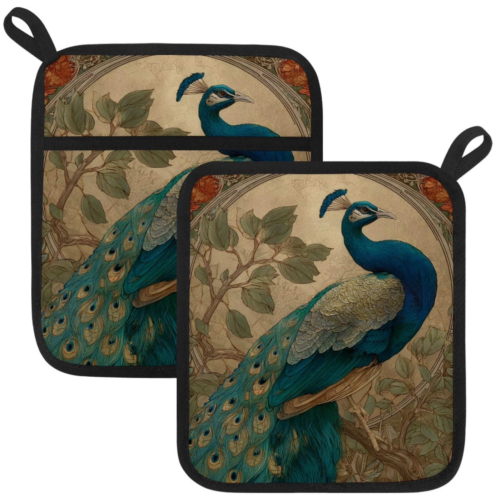 VAPOKF Peacocks Pot Holders with Pocket for Kitchen Heat Resistant Potholders Large Polyester-Cotton Square Oven Mitts Set