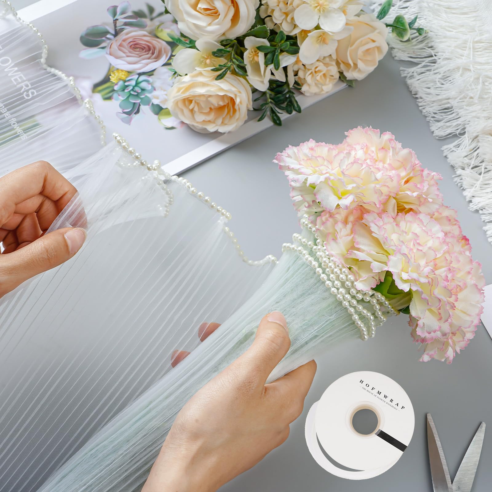 4.37 Yards Flower Wrapping Paper Pearl Edge, White Bouquet Wrapping Paper, Flora