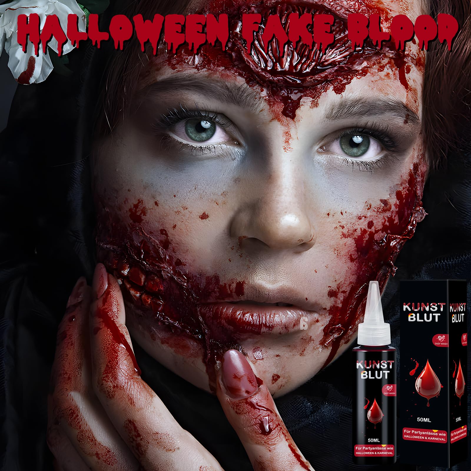 SEO-FANALLY Sangue Finto 50 ml +1 Spugna, Halloween Trucchi Viso Lavabile, Trucco Halloween Fake Blood Kit, Utilizzato per il Trucchi Halloween, Zombie, Vampiro, Cosplay, Trucco da Clown Teatrale