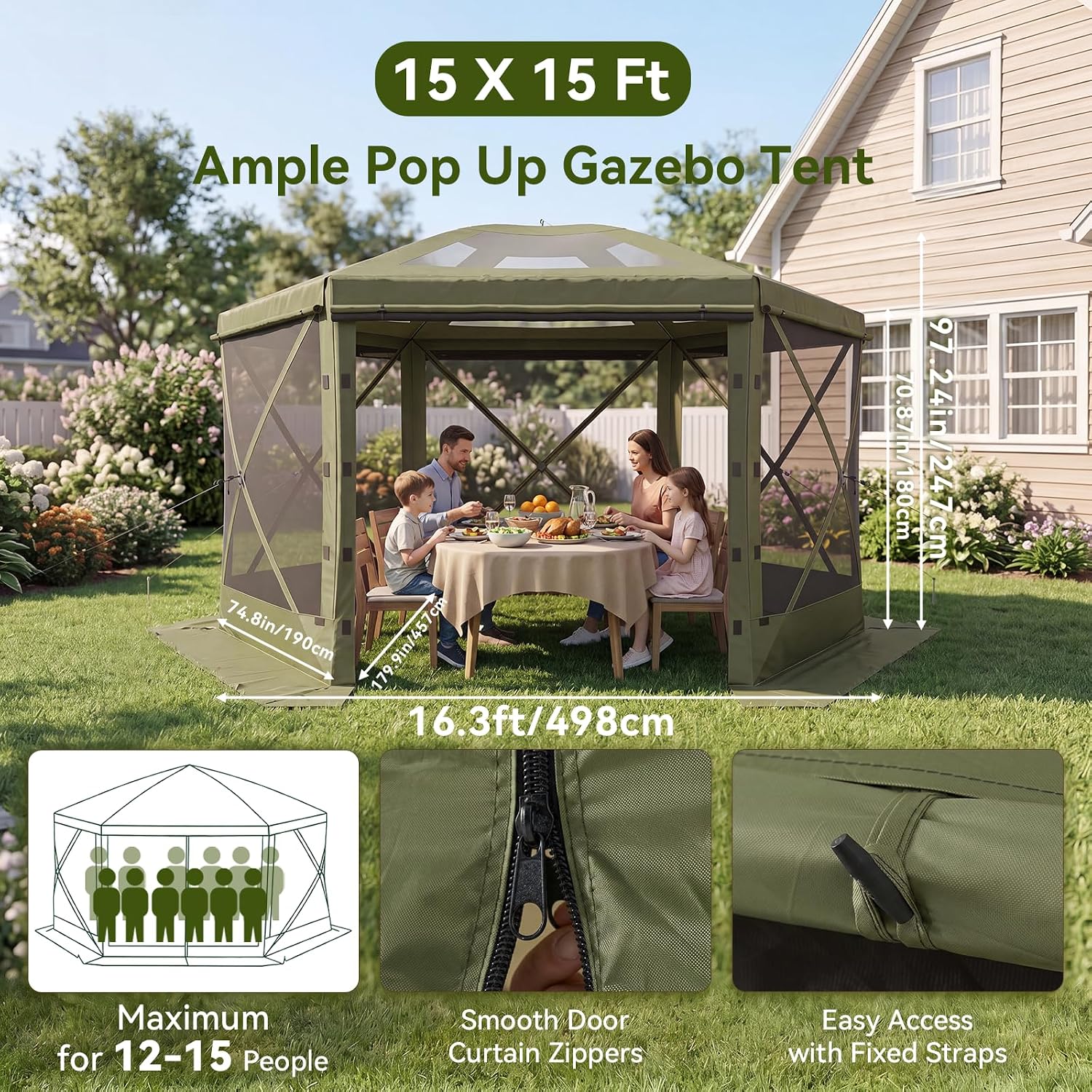Aoxun 15x15ft Pop Up Canopy Tent with Detachable Top, 6-Sided Screen Gazebo with Mesh Windows & Wind Cloths, Portable Outdoor Shelter for Camping Backyard Patio Lawn, Instant Setup, Brown thumbnail