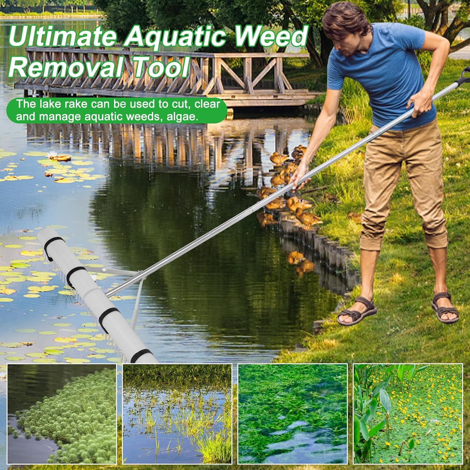 Pond Rake, 36" Aquatic Lake Weed Rake with 11'(132'') Adjustable Extension Pole, Rope and Float, 52' Throw, Aluminum Landscape Harrow for Lake, Lawns, Gardens, Beach