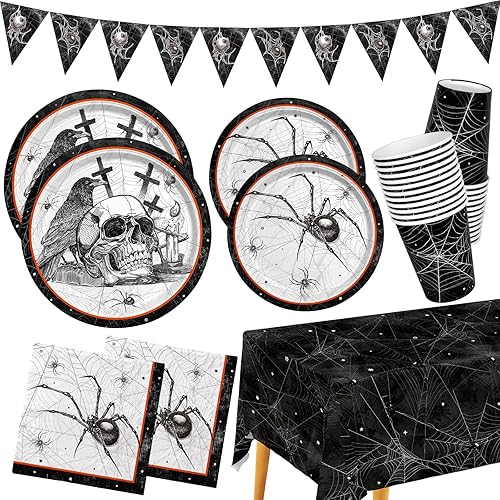 Suministros de fiesta de Halloween con telas de araña con temas de calavera y araña, platos de papel de tela malvada todo incluido, servilletas,