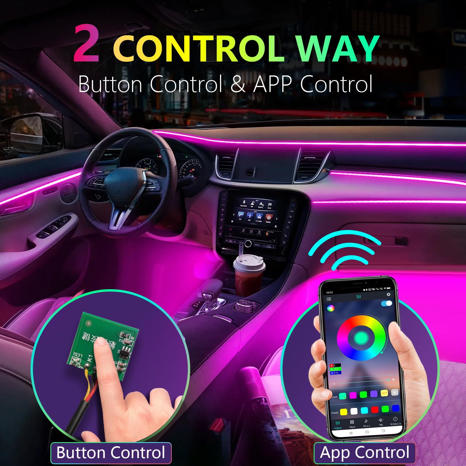 Defvnsy Illuminazione a LED per interni auto, 17 in 1 RGB in acrilico per interni, 64 colori, universale, decorazione per interni auto, atmosfera dinamica, luce al neon con controllo APP