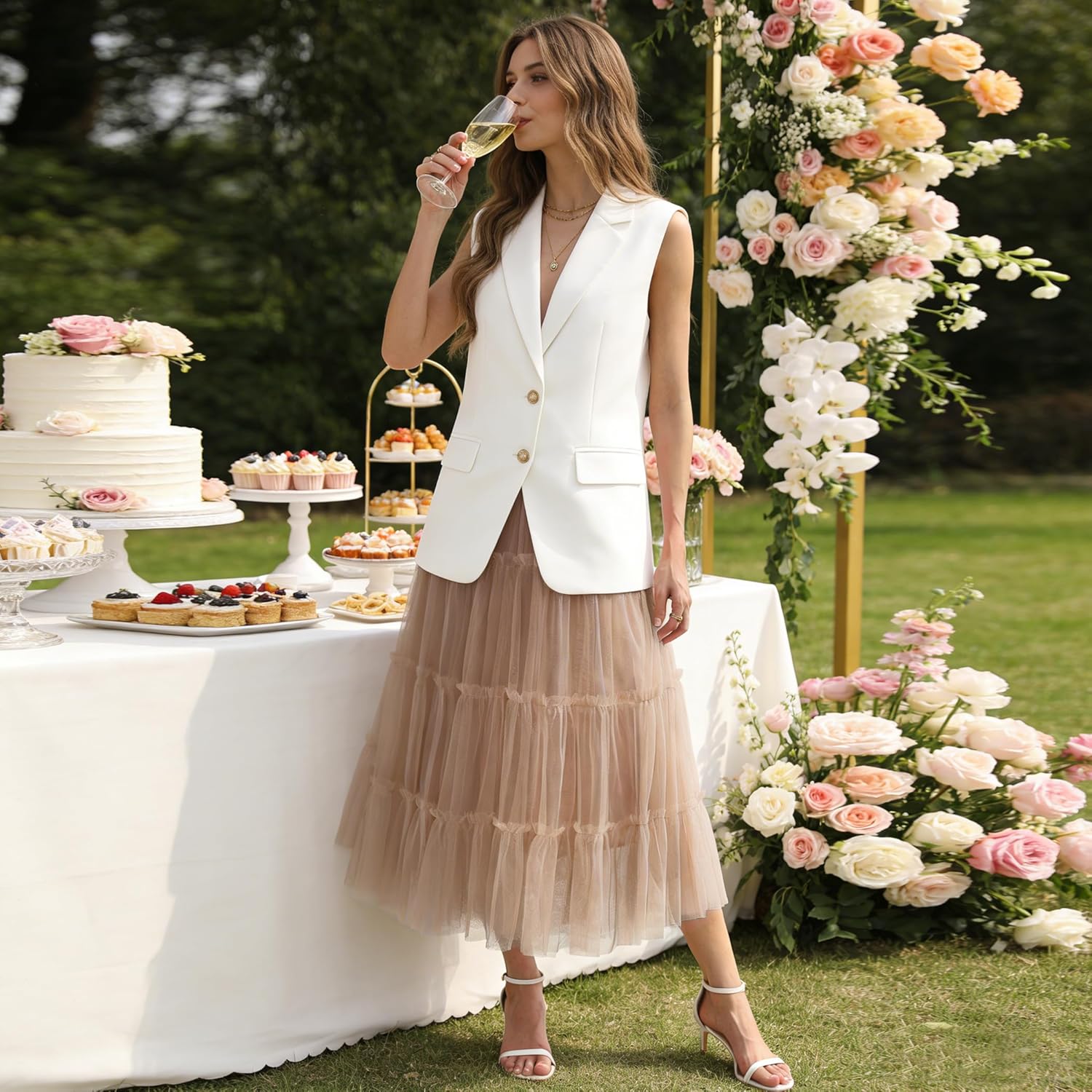 OBBUE Women's Long Tulle Skirt Fairy Ruffle Tiered Layered Midi Skirts A-Line Elastic Waist Tutu Skirt