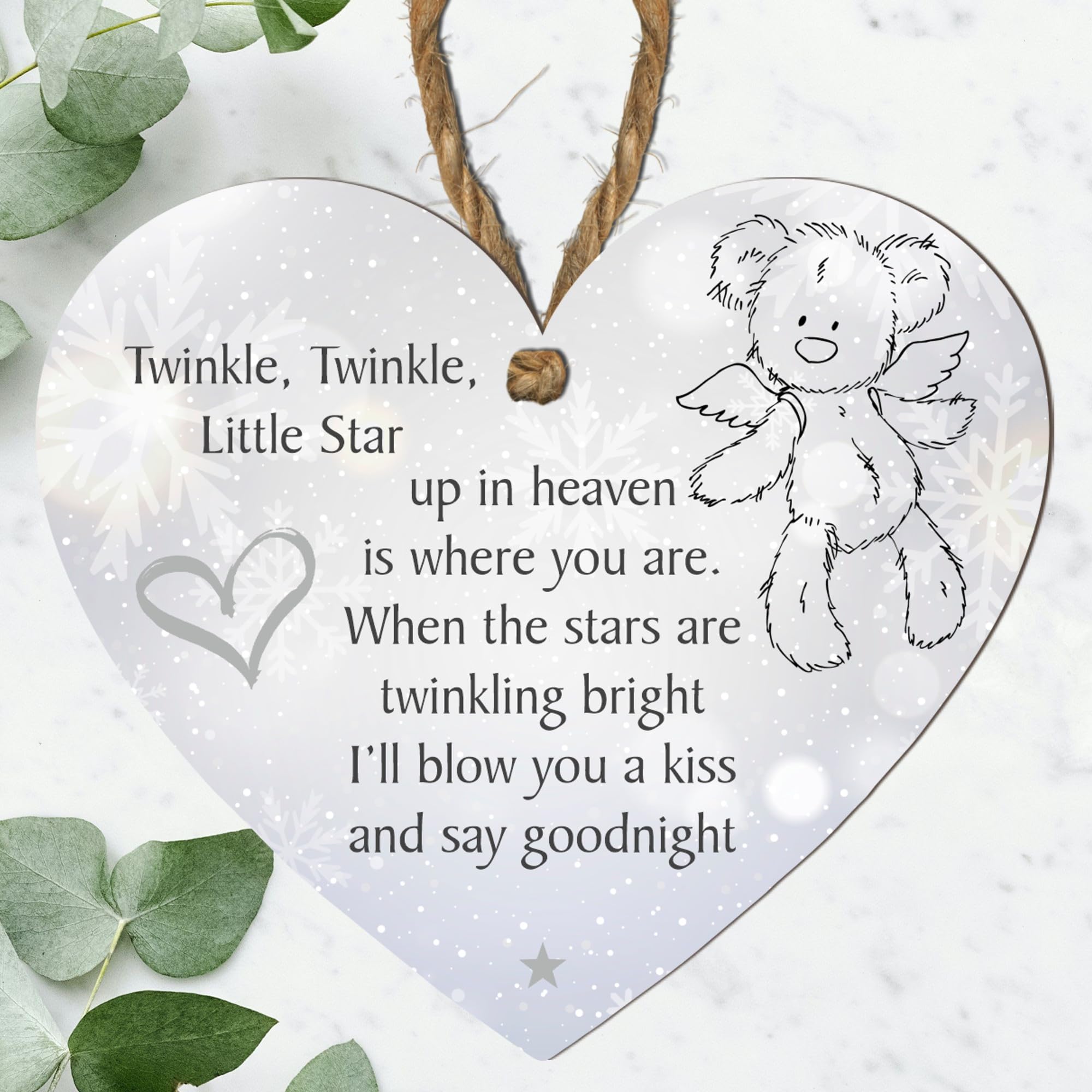 Baby Memorial Plaque - Twinkle Twinkle Little Star Keepsake | Custom Colour Options: Grey, Beige, Blue, Pink Snowflakes, Multicoloured | Angel Teddy Bear (Snowflakes, Medium: 15 cm (H) × 13 cm (W)) — image 1