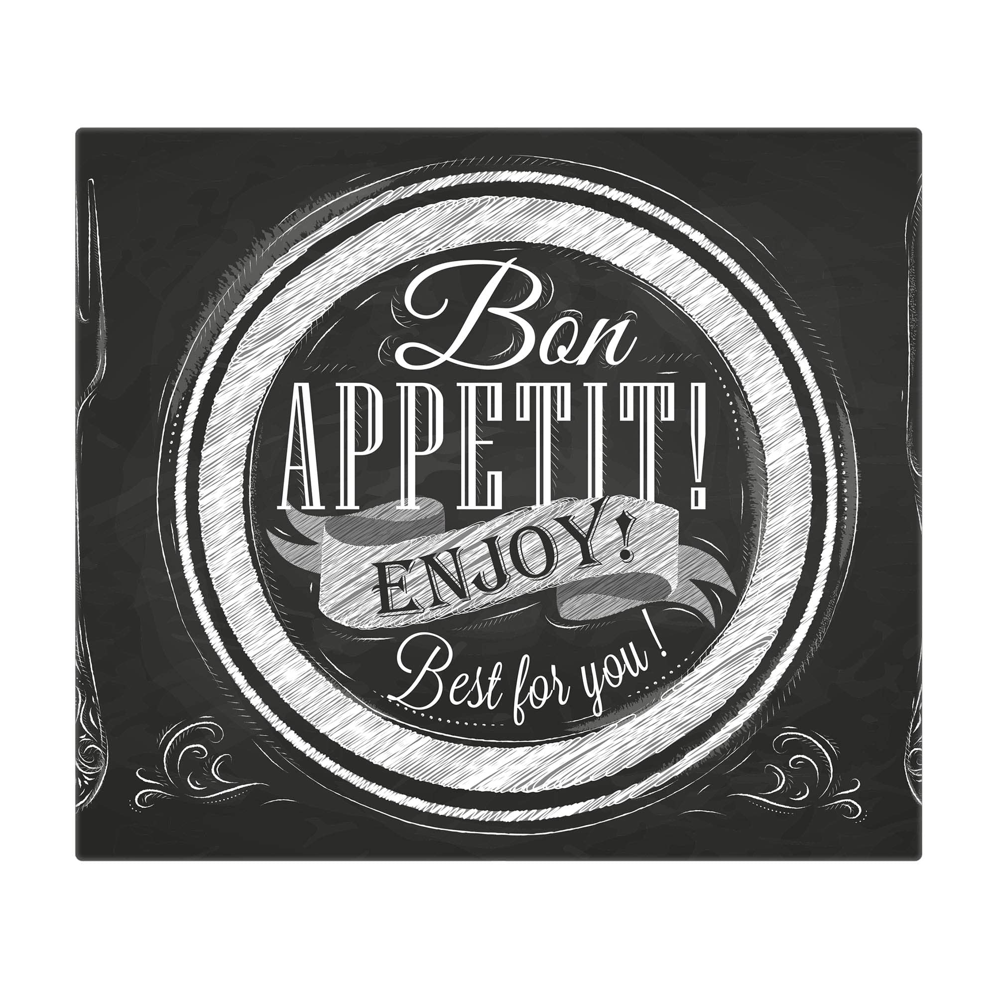 banjado Ceranfeld Abdeckung mit Essen und Küche Design appetitlich aus Glas, einteilige Herdabdeckplatte 60x52 cm, Schneidebrett Glas und Spritzschutz Küche, rutschfest, mit Motiv Bon Appetit