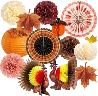 SUNBEAUTY Fall Thanksgiving Decoration Honeycomb Turkey Pumpkin Table Decor Paper Pom Poms Pumpkin Lantern Maple Leaf Garland for Fall Friendsgiving Thanksgiving Autumn Harvest Party Supplies