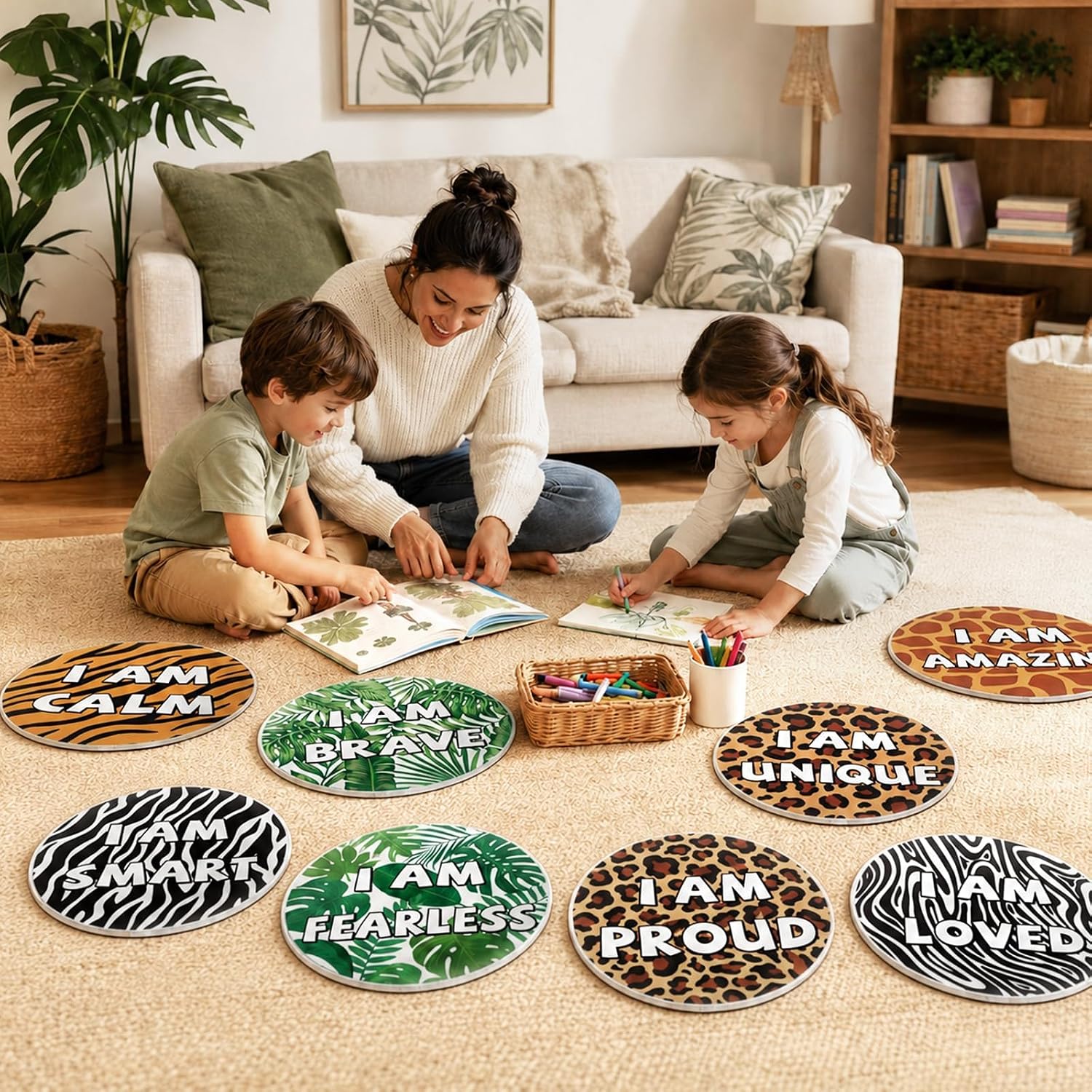 12 Pcs Back to School Carpet Seats for Classroom 16 Inch Jungle Animals Positive Affirmation Round Rugs Safari Forest Floor Mat Educational Non Slip Cushions for Learning Playing Activity Living Areas