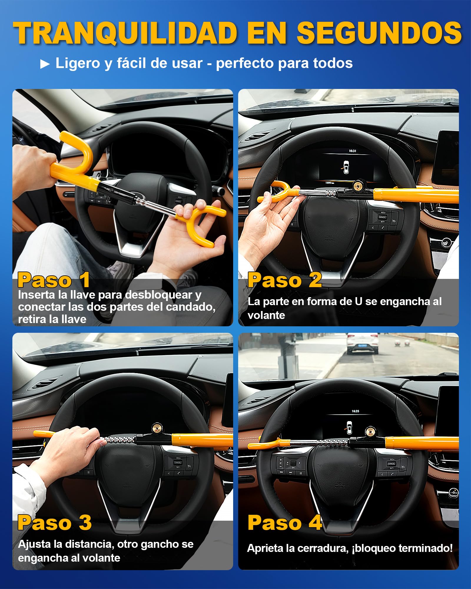 Tevlaphee Candado para Volante, Cerradura de Seguridad para Coche, Dispositivo Anti-Robo Resistente, Alta Visibilidad, Ajuste Universal para Coches, SUV y Furgonetas, Ajustable, 3 Llaves(Amarillo)