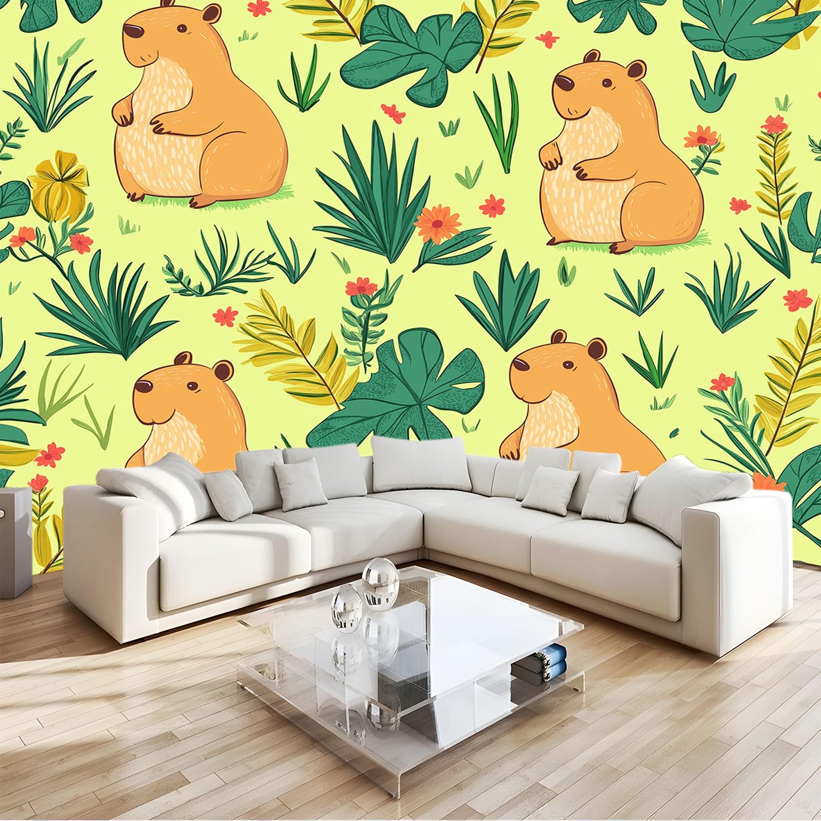 Papier peint intissé motif capybara vert 3D décoration murale ado