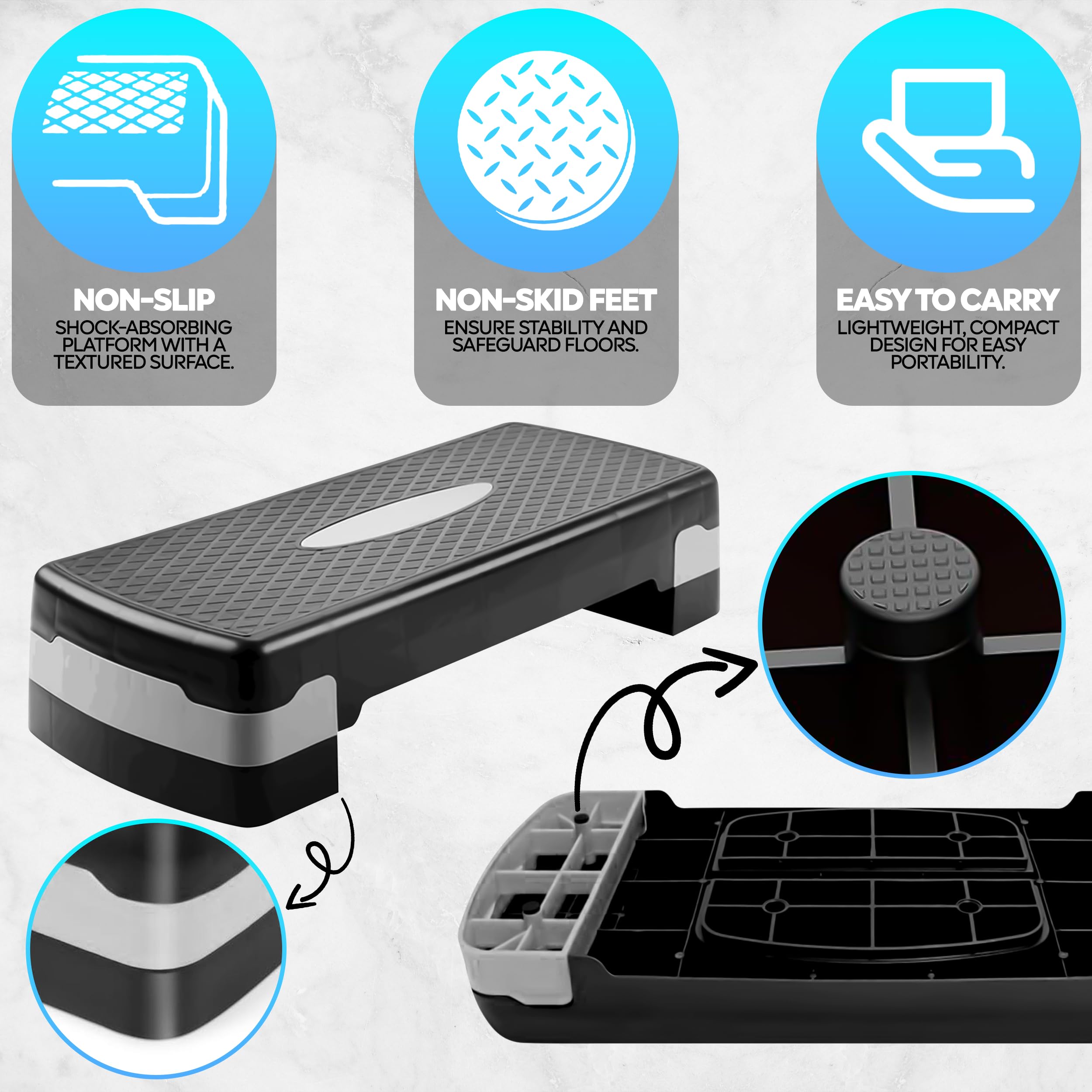 TechFit Stepper Aérobic Ajustable avec Trepieds - Hauteur Réglable, Surface Antidérapante, Poids Max 120kg, Pliable, Compact, Idéal pour Entraînement Cardio et Musculation à Domicile