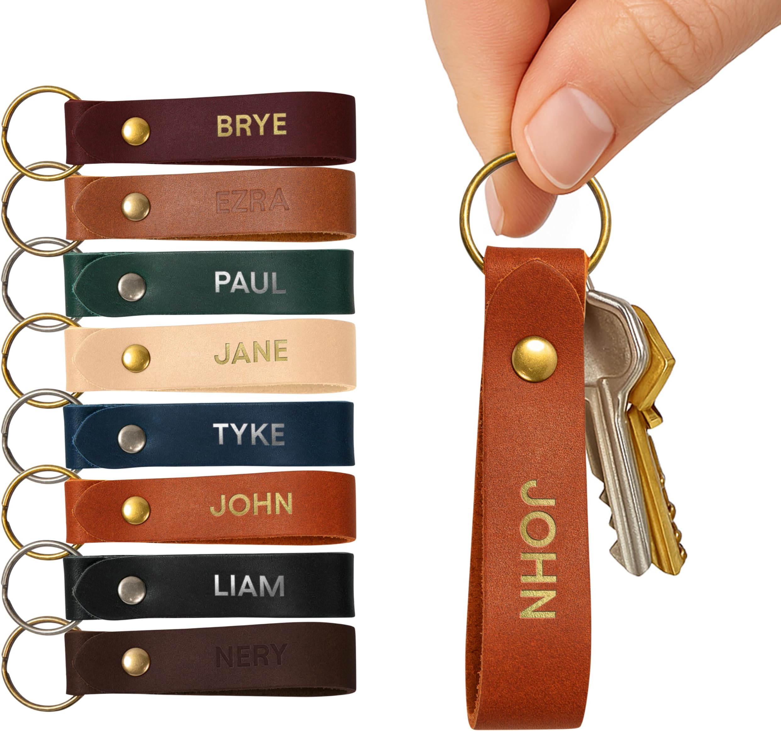 Personalized Leather Keychain – Custom Full Grain Key Ring Fob – Handmade in USA Gift for Men, Women and Couples