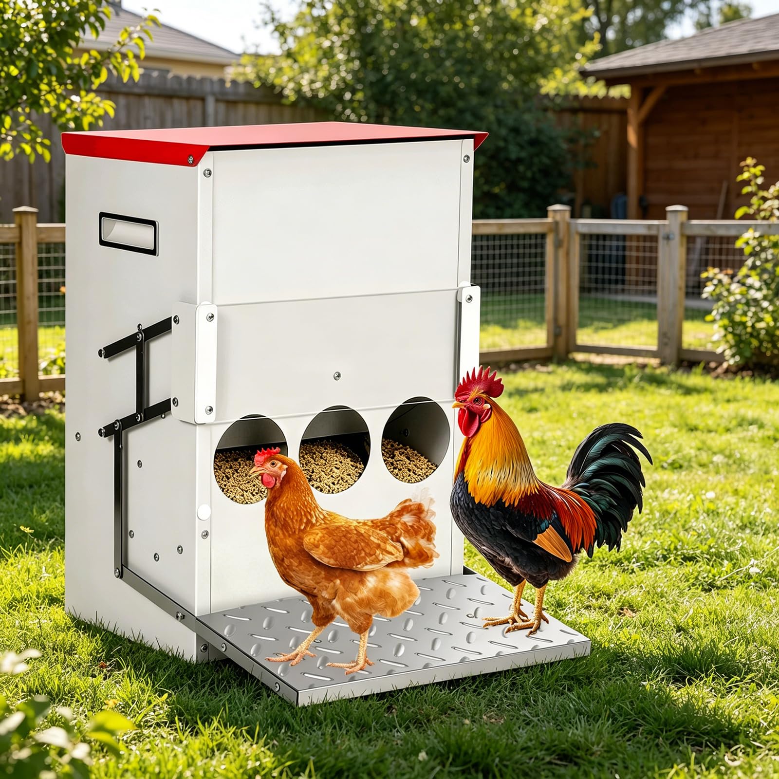 Comedero Automático para Pollos con Pedal De Metal, 15kg Alimentador para Varias Gallinas y Patos, Fácil De Usar y Limpiar