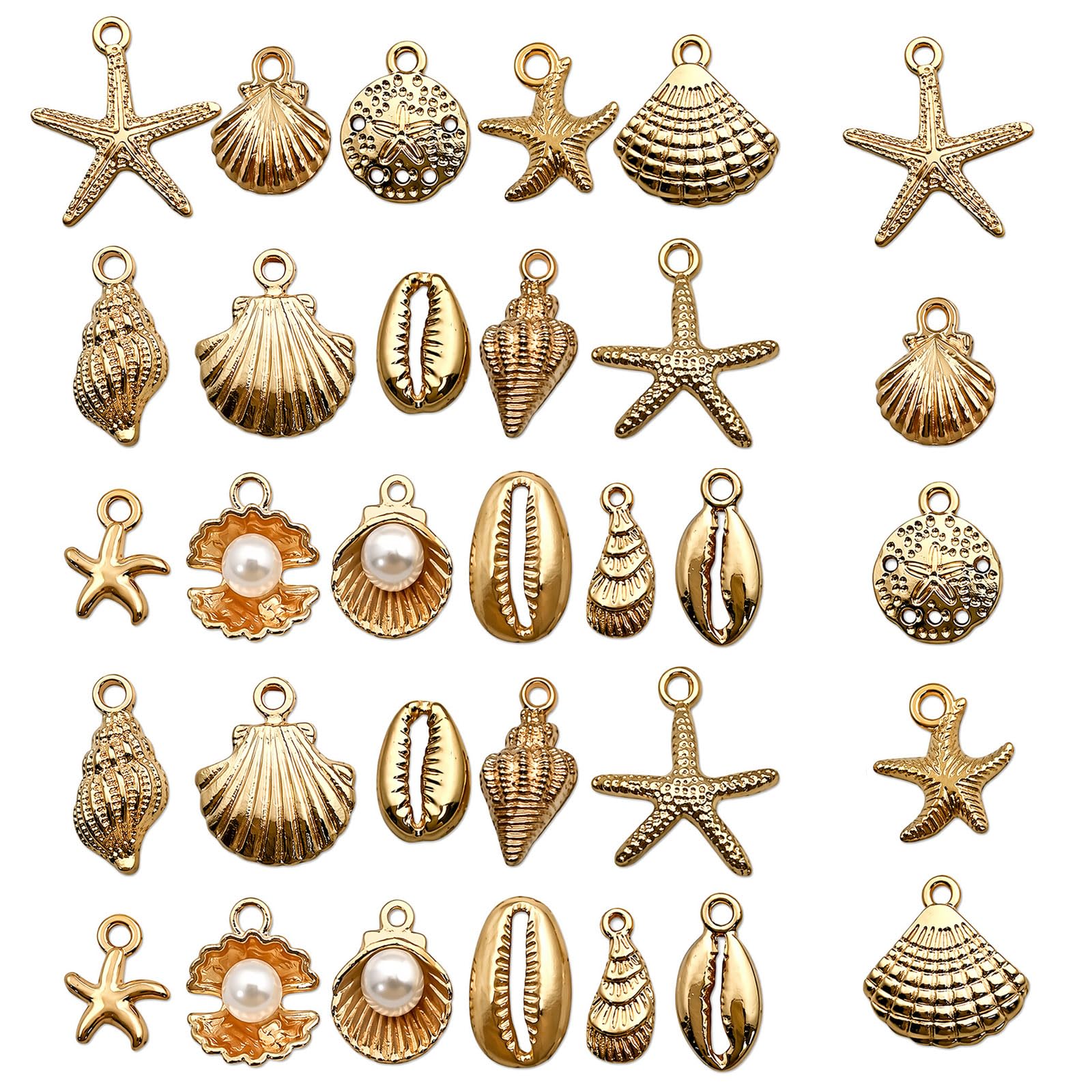 Vcuwni 32 Pcs Ocean Summer Beach Charms for Jewellery Making, Gold Starfish Conch Sea Shell Pendants DIY Craft Supplies for Bracelet Necklace Earrings, Nautical Jewelry Accessories for Women
