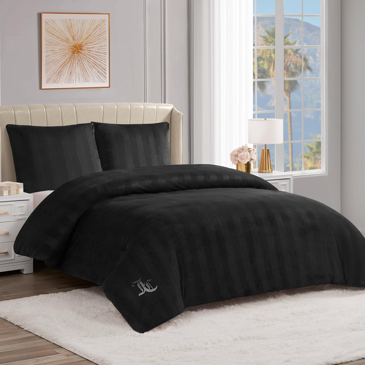 Juicy Couture Jenny Velour Striped Jacquard King Size Duvet Cover Bedding Set Ensemble - Black 3 Piece Set