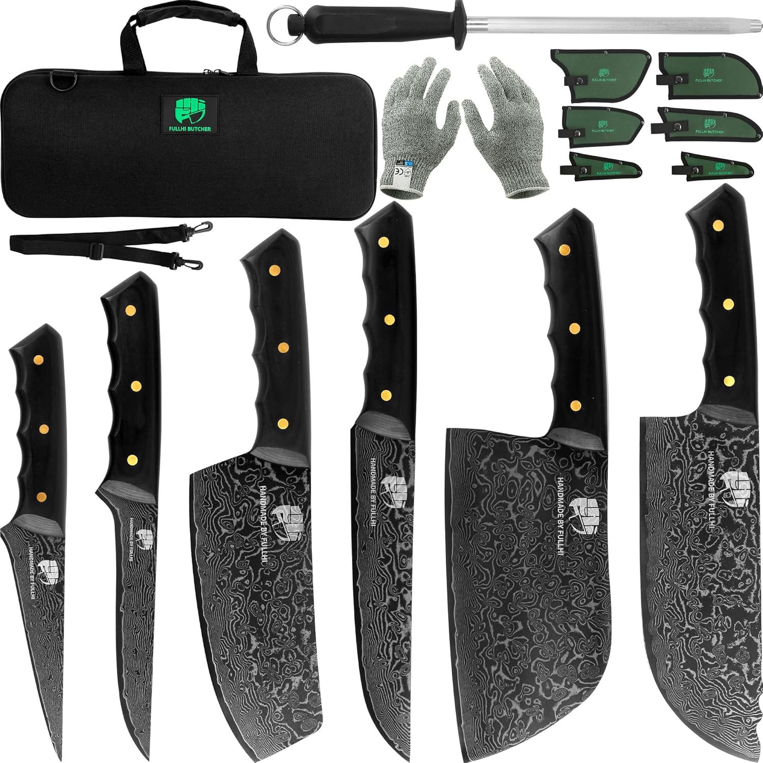 FULLHI chef butcher knife set professional- Black panther print Japanese Damascus - feel firm grip Handle-include Knife Sheath,Knife sharpening stick,knife box (9 PCS)