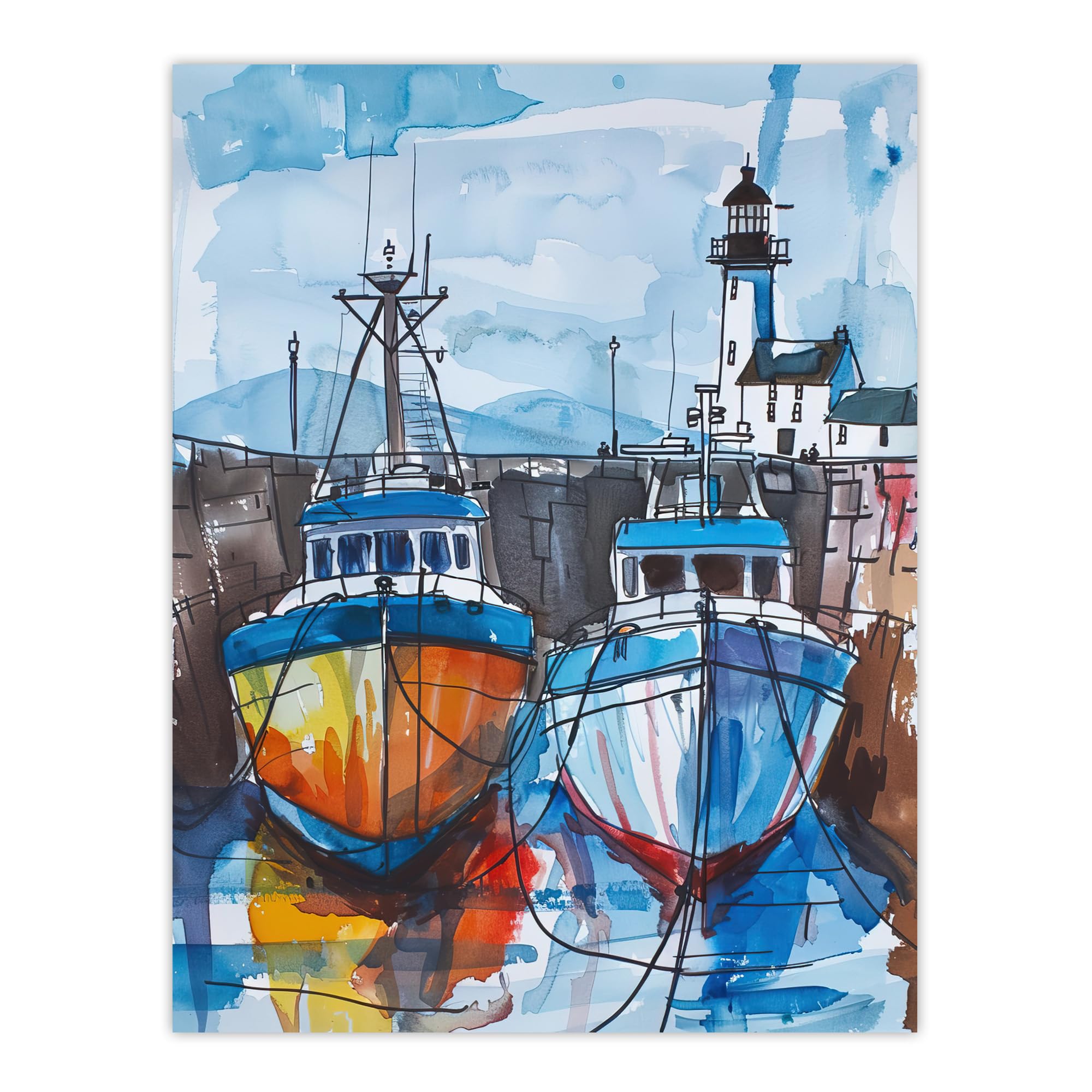 Artery8 Scottish Harbour Fishing Boats and Lighthouse Bathroom Toilet Large Wall Art Poster Print Thick Paper 18X24 Inch