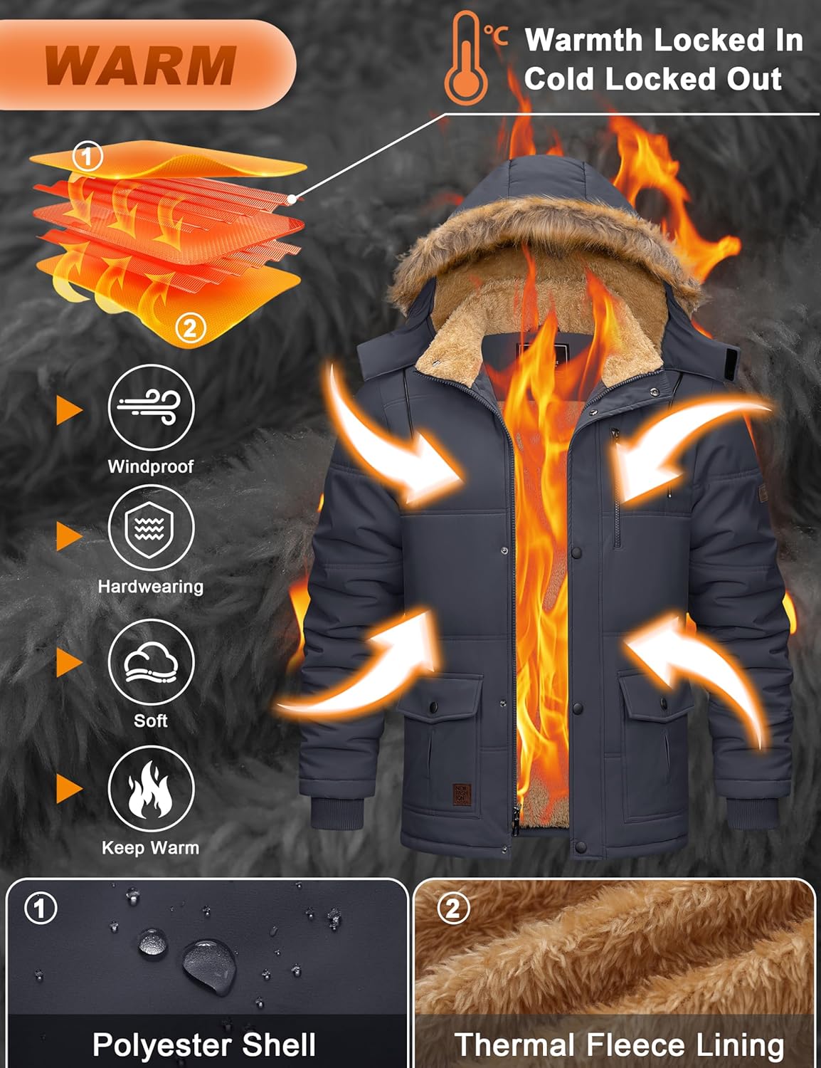 Cotrasen Men’s Winter Jacket Hoodie Thicken Warm Fleece Lined Water Repellent Windproof Parka Winter Coat - Image 4