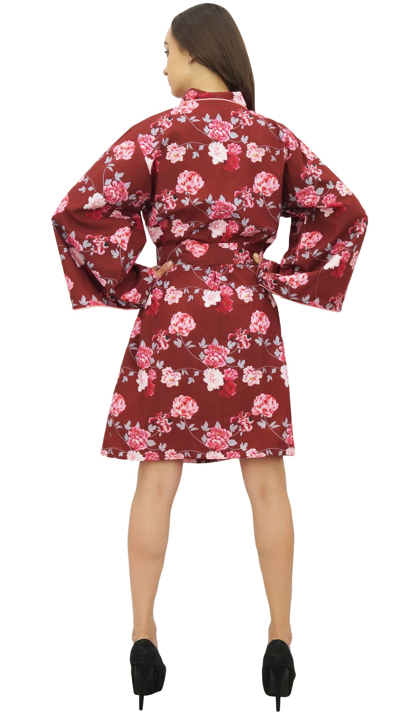 Bimba Maroon Kimono Robe con Cinturon Estampado Floral Ropa De Dormir Coverup - 52