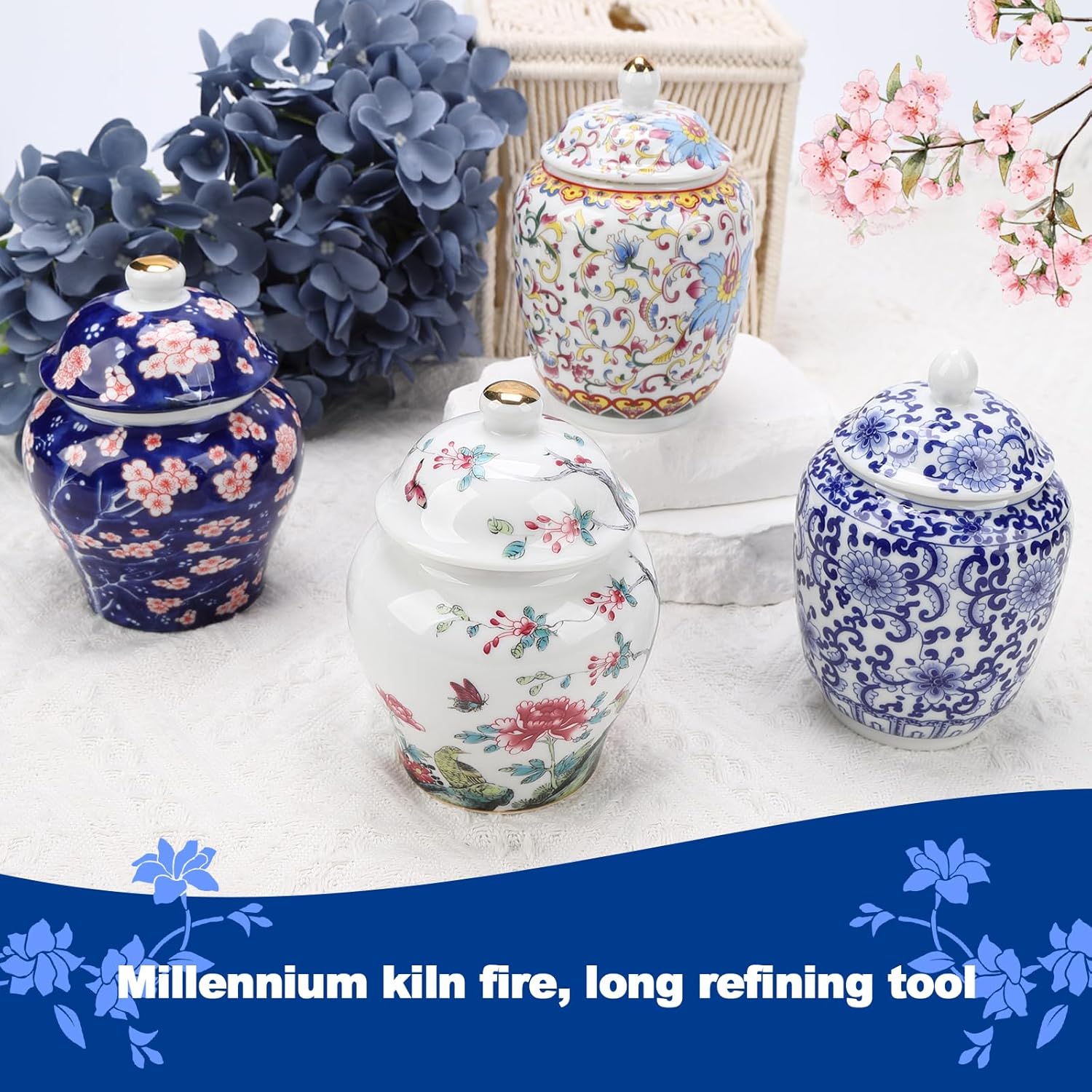 Set of 4 Small Blue and White Chinoiserie Porcelain Vases - Ginger Jars for Home Decor, Bedroom, Living Room, Console Table Top Decor - Table Accent Shelf (Vibrant)