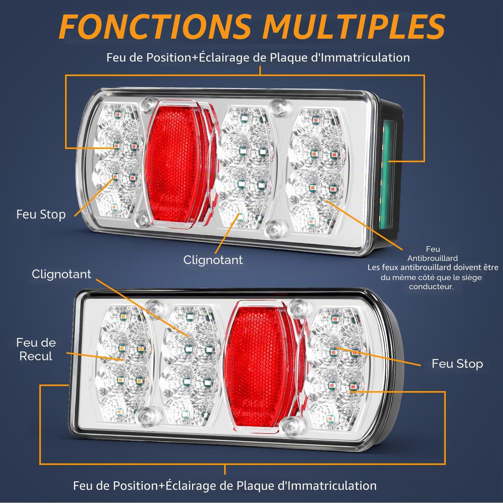 LED Feux Arrière x pour Remorque Kit, Connecteur Étanche 13 Broches 5,5 m avec Résistance Intégrée, 12V/24V Homologation E – pour Remorques, Camions, Caravanes