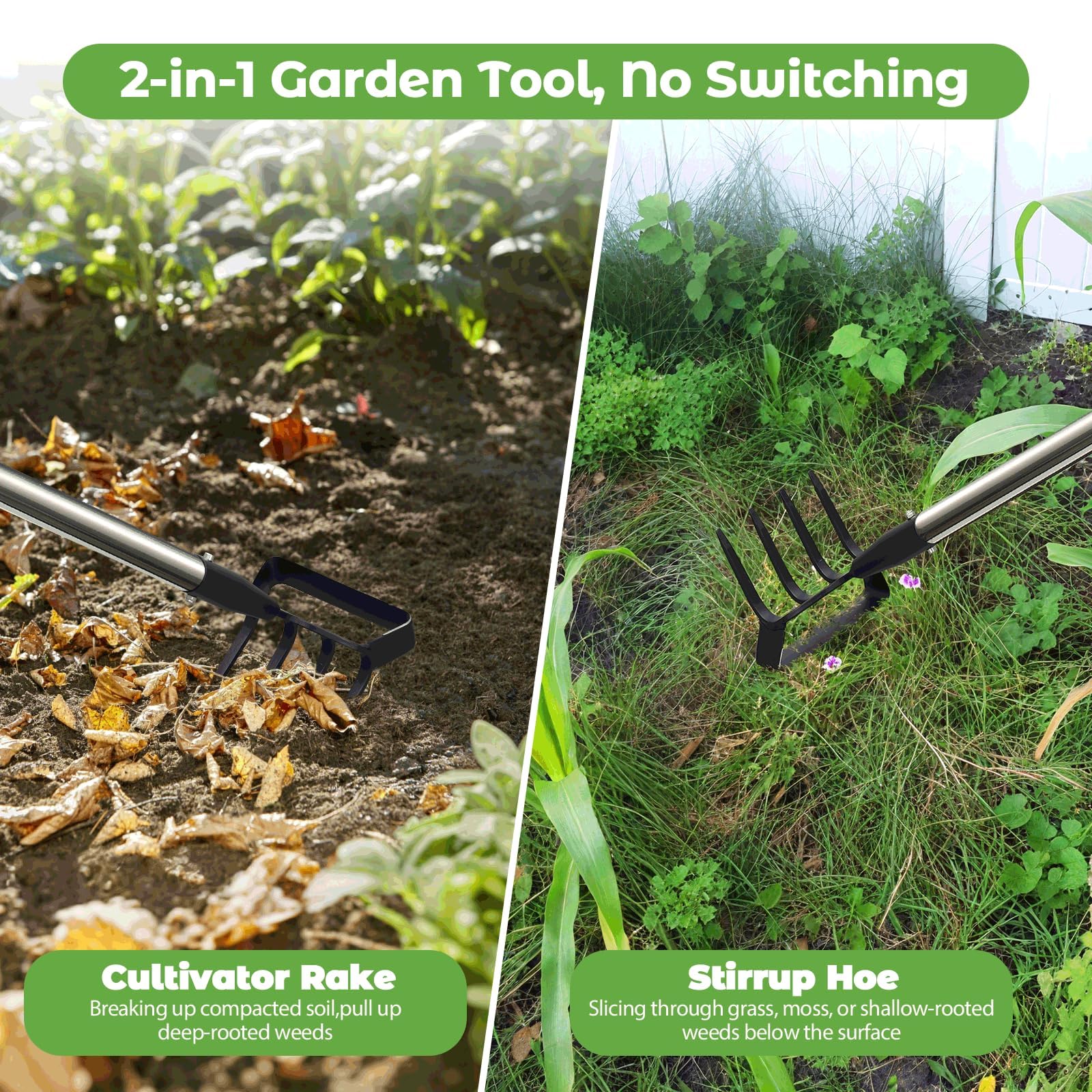 Zappa da giardino per diserbatura, strumento per zappa con supporto per giardino con anello regolabile, manico lungo 157 cm, argento, regolabile, per diserbo
