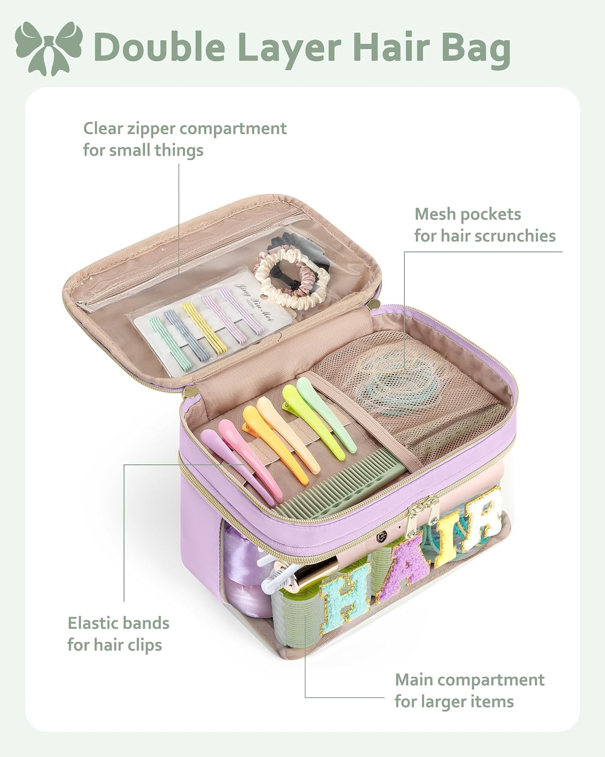 Fasrom Double Layer Hair Accessories Organizer, Preppy Makeup Bag for Girls