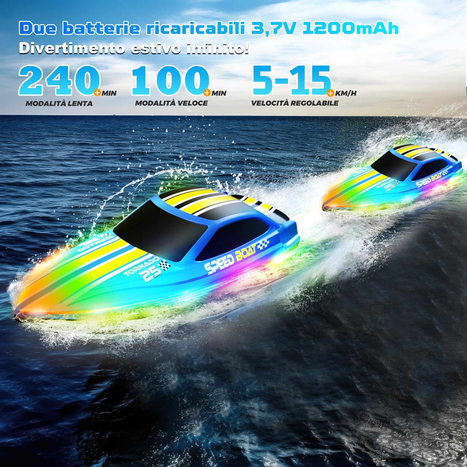 Barca Telecomandata per Bambini, 2.4GHz RC Boat con 7 Luci LED | Max 15km/h, doppia batteria 240min, anti-ribaltamento, raggio 80m, Per piscina e laghi (no salata), Regalo per bambini