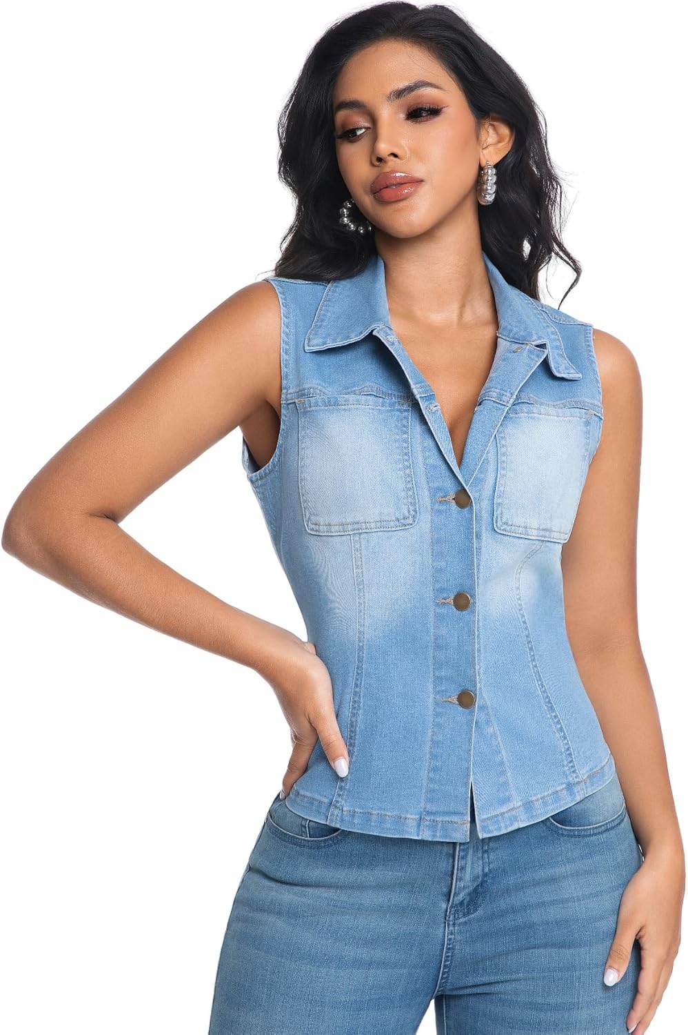 Womens Denim Vest Classic Lapel Button Down Sleeveless Slim Fitted Stretchy Jean Jacket with Pockets - Image 6