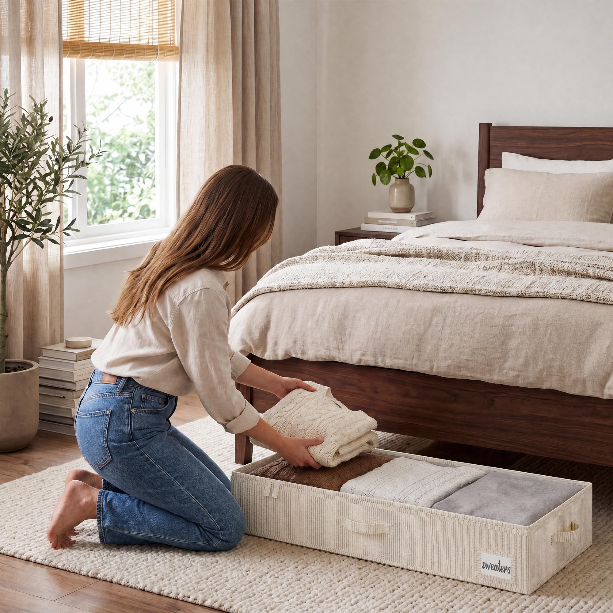 StorageWorks Grande contenitore sotto il letto, con coperchio, per vestiti, a righe bianche e nere, 84 × 43 × 15 cm