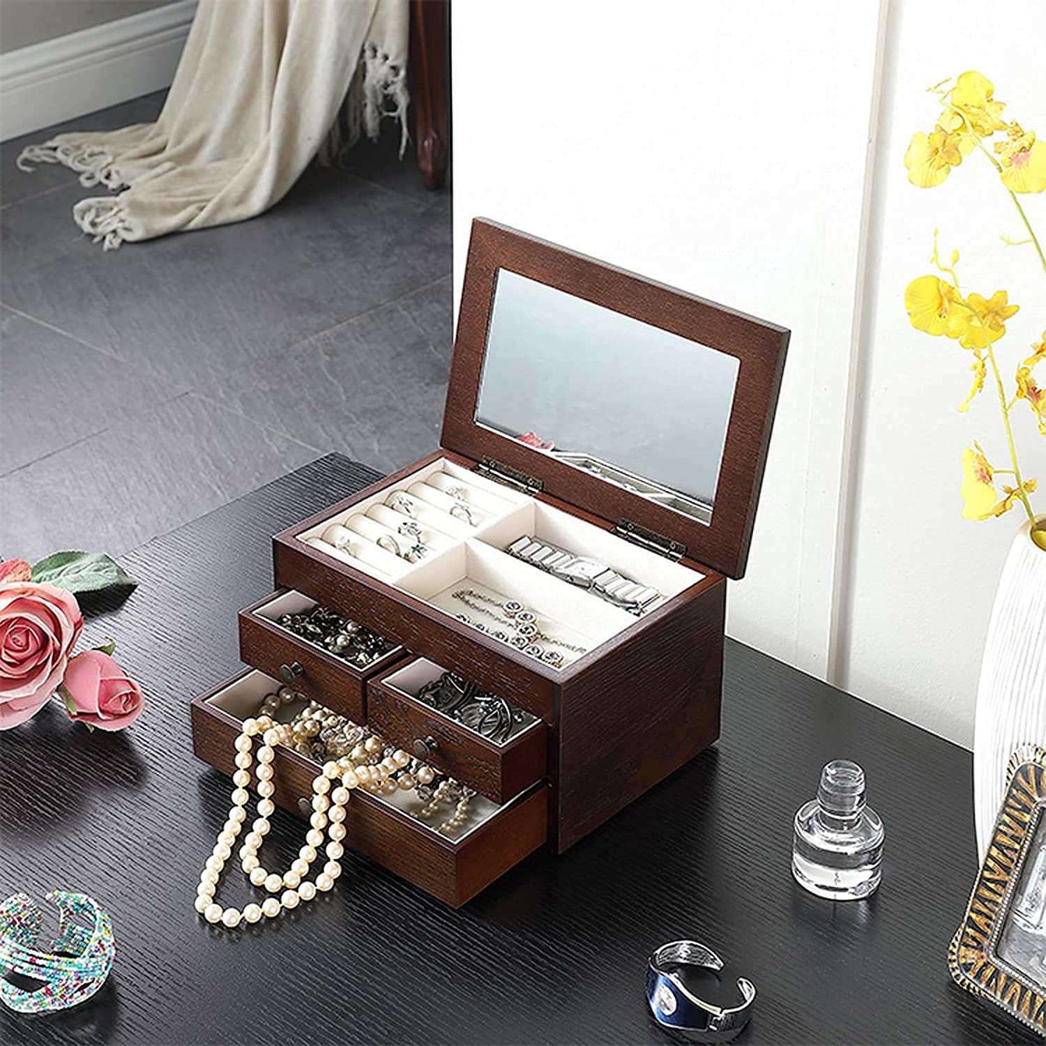 Boîte à Bijoux à 3 Niveaux Verrouillable Avec Poignée Et