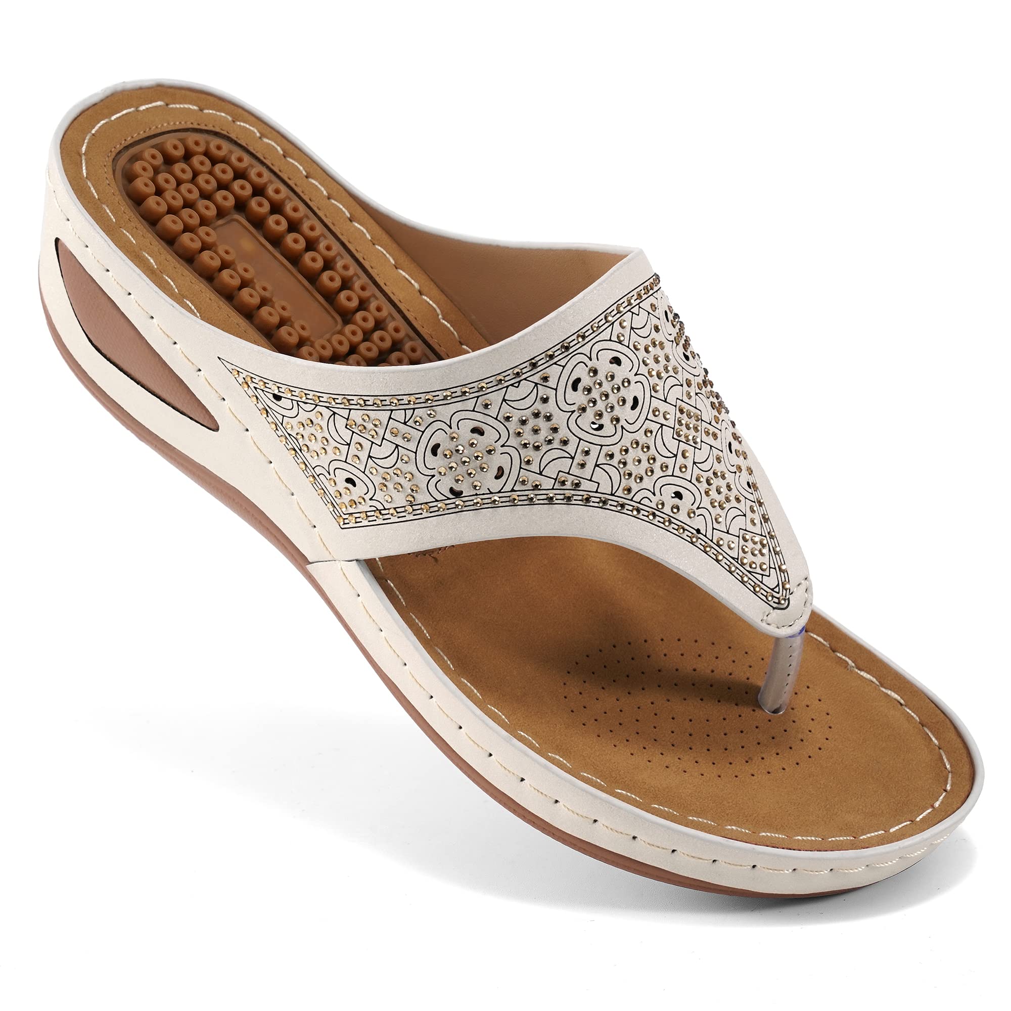 Ecetana Womens Sandals Dressy Wedge: Comfortable Summer Flip Flops Non Slip Rhinestone Platform Shoes Ladies Casual Beach Sandals for Women