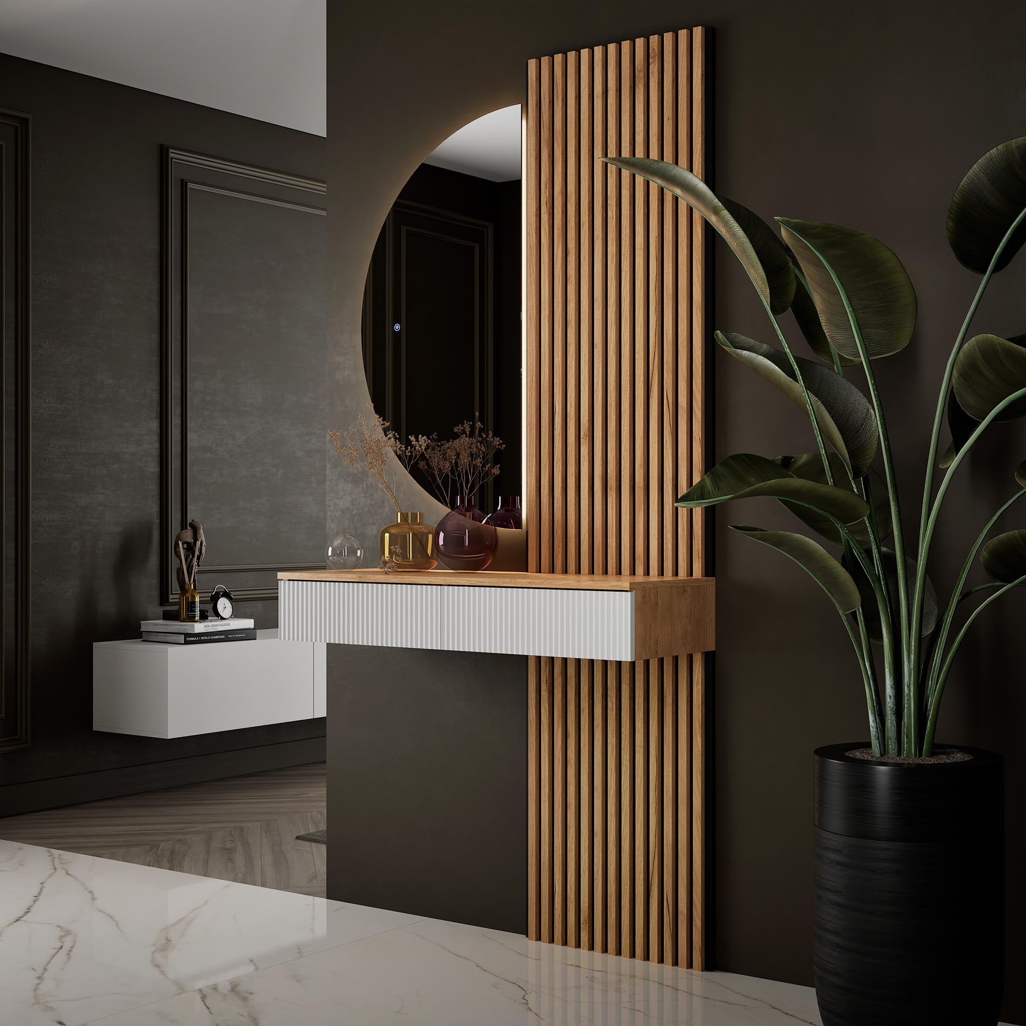 Planetmöbel Flurgarderobe Set Konsolentisch 100 cm inkl. Spiegel mit Beleuchtung halbrund 50 x 100 cm, 2X Akustikpaneele 120 x 50 cm, Flur Möbel modern, Gold Eiche/weiß