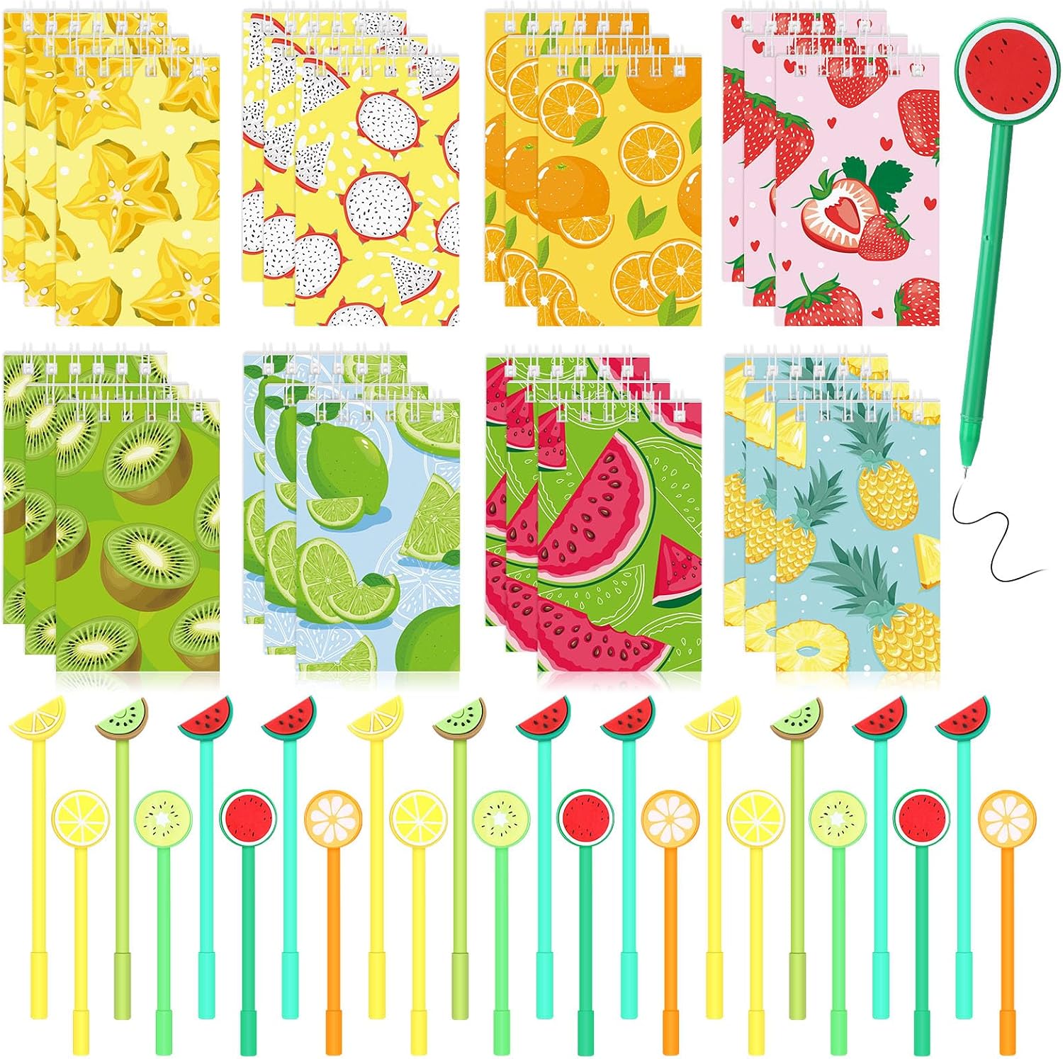 Yeaqee 48 Pcs Fruit Mini Notebooks and Ballpoint Pens Fruit Party Favors